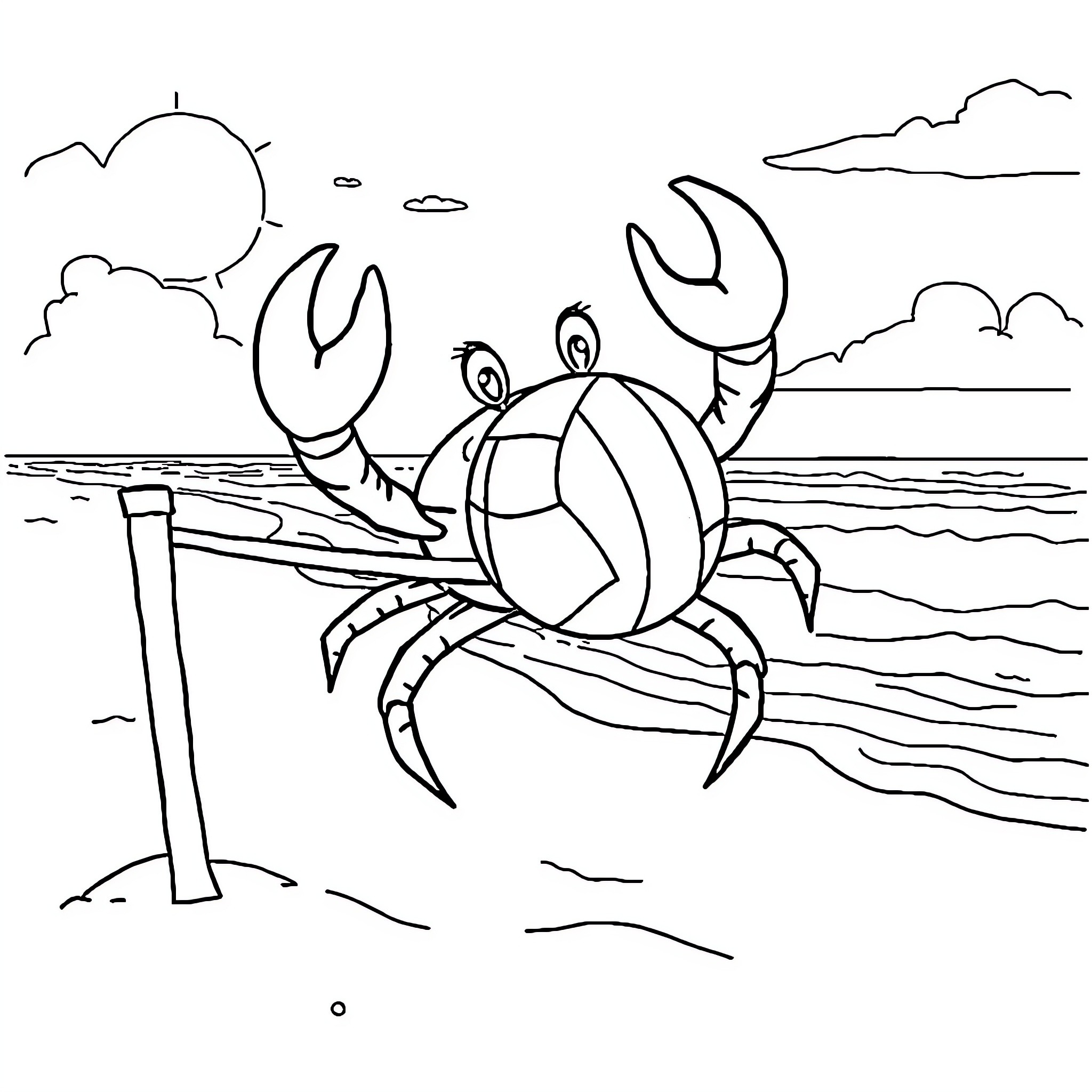 Crab enjoying the sunset by the shore Coloring Page (free black-and-white line drawing printable PDF for all, from beginners to advanced learners, including children, teens, adults, and seniors)