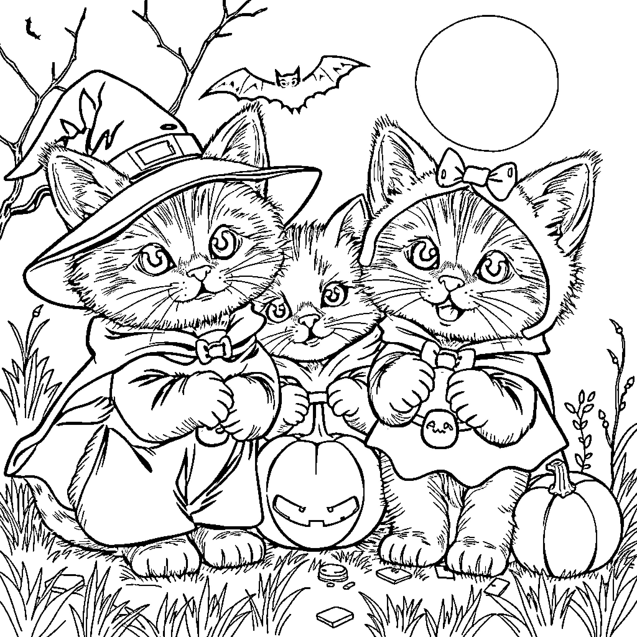 Kittens dressed up for Halloween Coloring Page (free black-and-white line drawing printable PDF for all, from beginners to advanced learners, including children, teens, adults, and seniors)