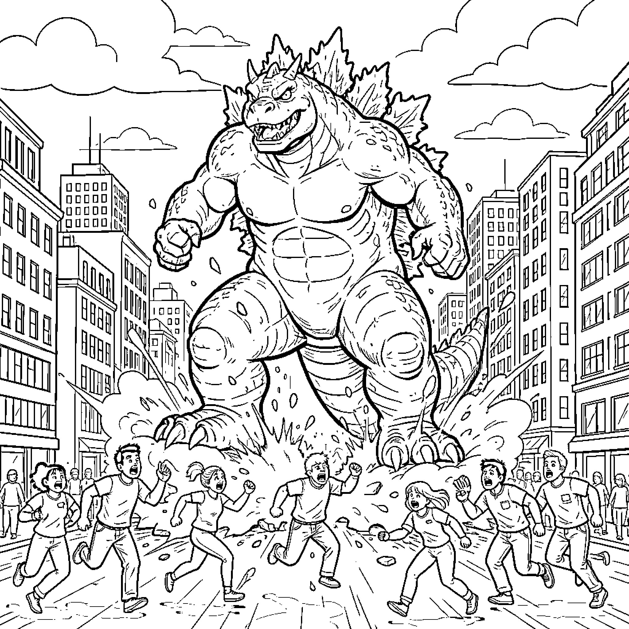Godzilla rampaging through the city, people fleeing in panic Coloring Page (free black-and-white line drawing printable PDF for all, from beginners to advanced learners, including children, teens, adults, and seniors)