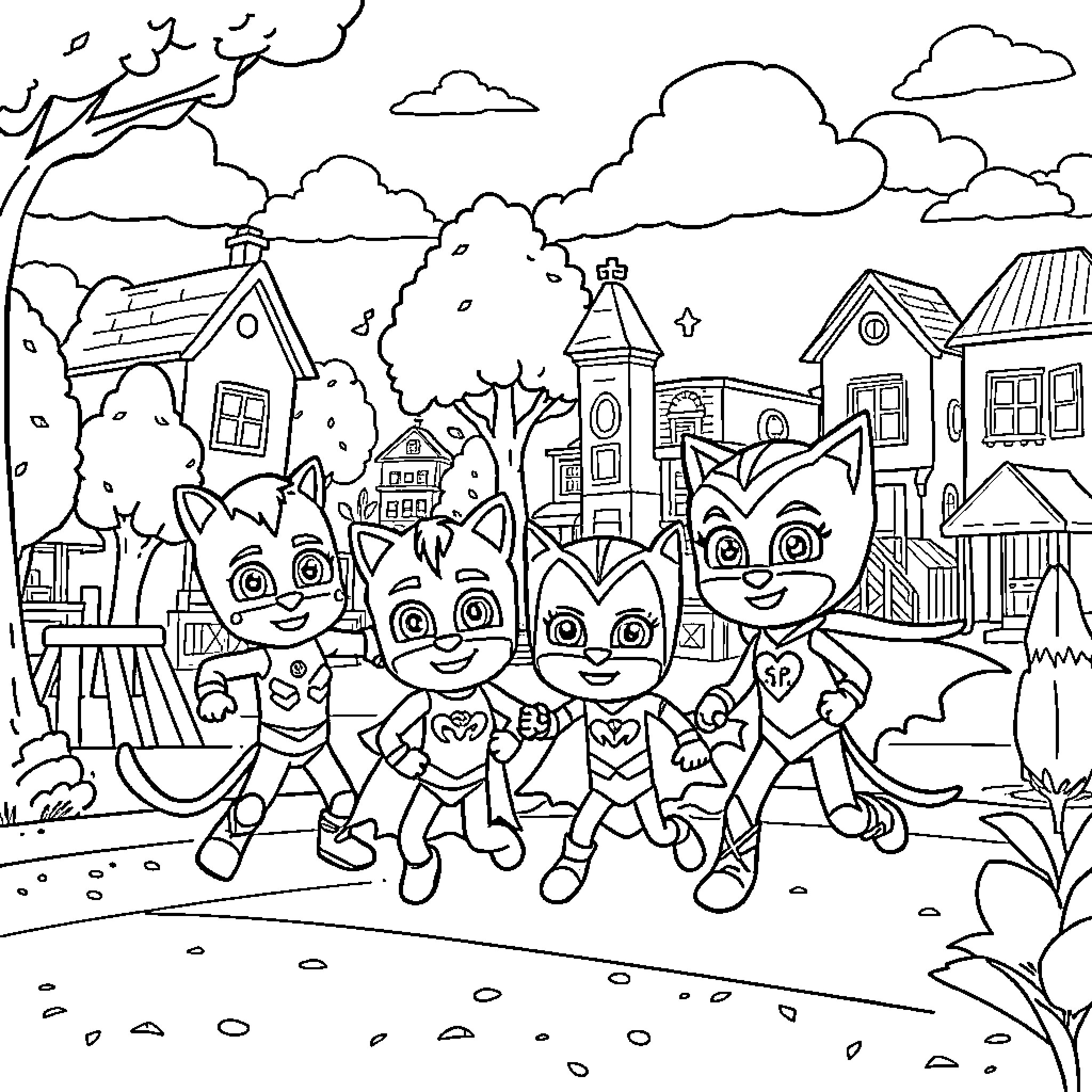 Superkitties on a heroic adventure in the town Coloring Page (free black-and-white line drawing printable PDF for all, from beginners to advanced learners, including children, teens, adults, and seniors)