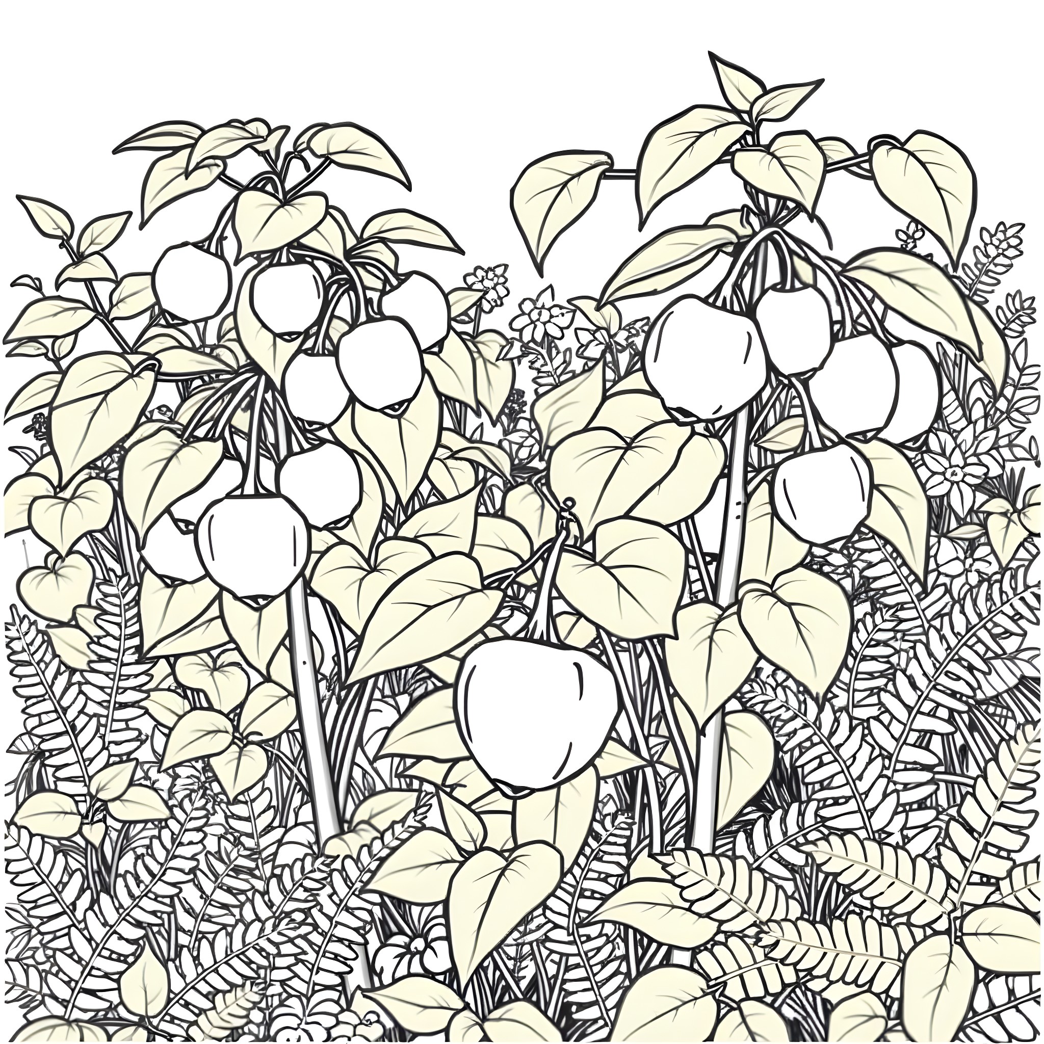 Mayapple forest with lush foliage and fruits Coloring Page (free black-and-white line drawing printable PDF for all, from beginners to advanced learners, including children, teens, adults, and seniors)