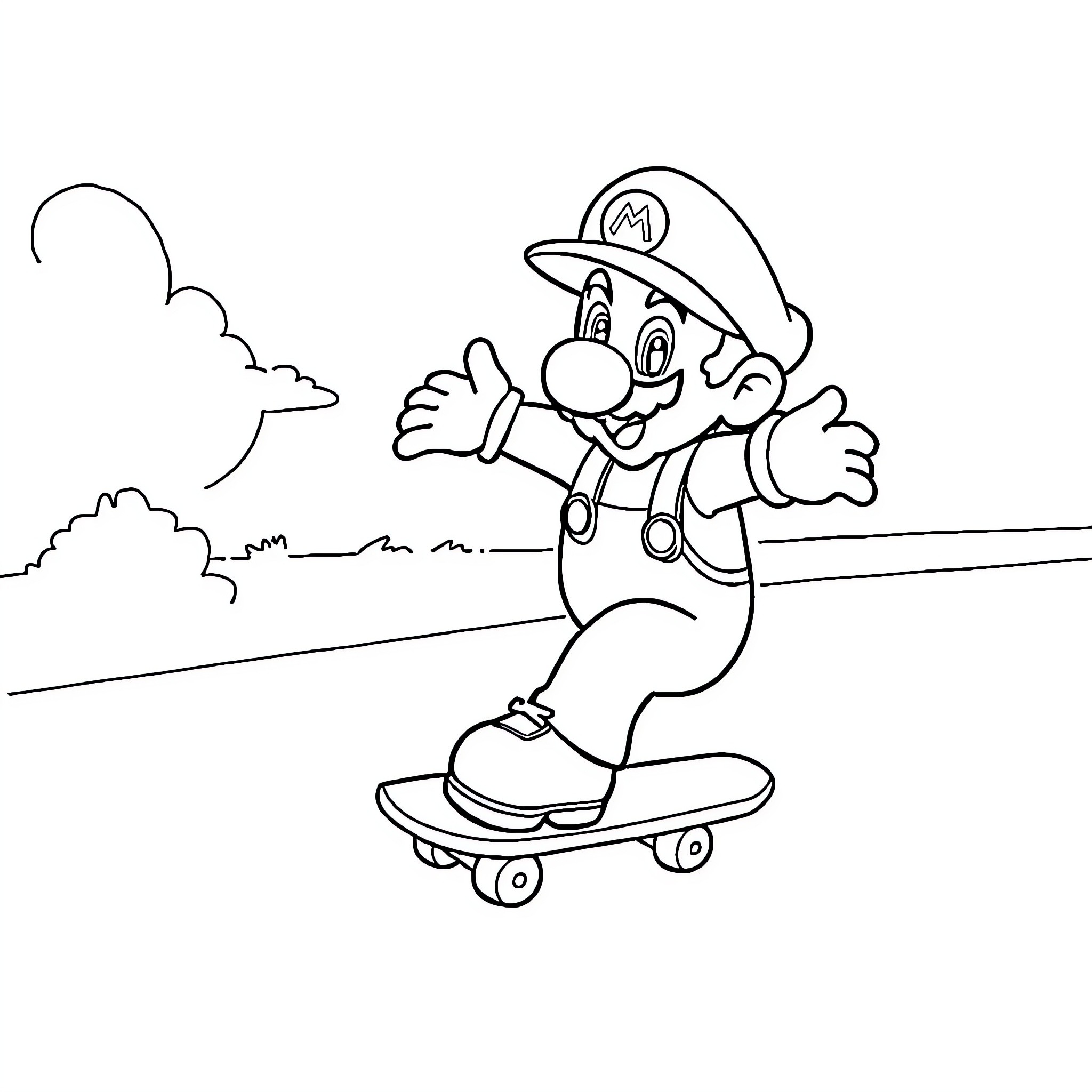Mario skateboarding through the park Coloring Page (free black-and-white line drawing printable PDF for all, from beginners to advanced learners, including children, teens, adults, and seniors)