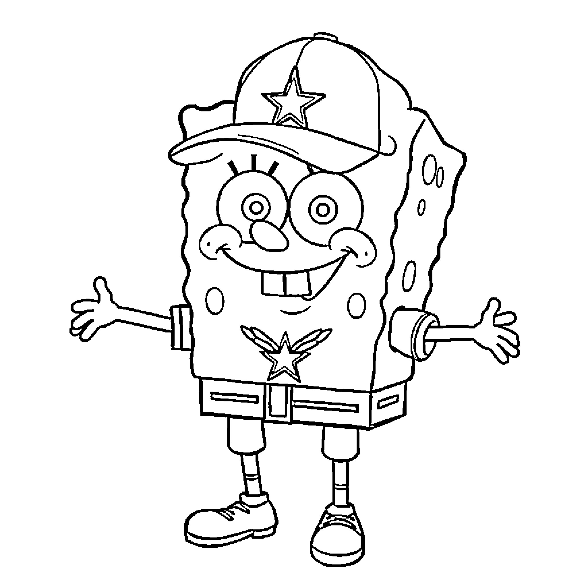 Spongebob wearing a police uniform and smiling Coloring Page (free black-and-white line drawing printable PDF for all, from beginners to advanced learners, including children, teens, adults, and seniors)