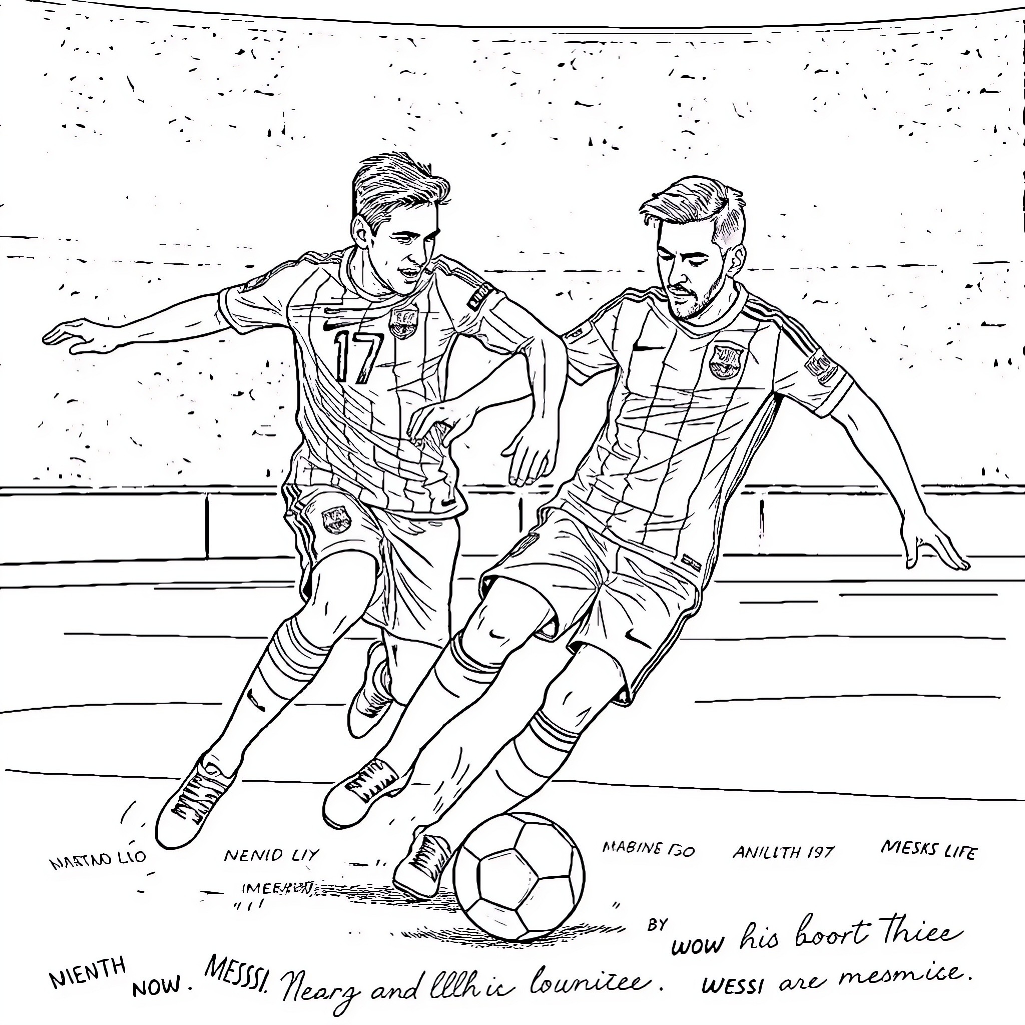 Cr7 players in action on the soccer field Coloring Page (free black-and-white line drawing printable PDF for all, from beginners to advanced learners, including children, teens, adults, and seniors)