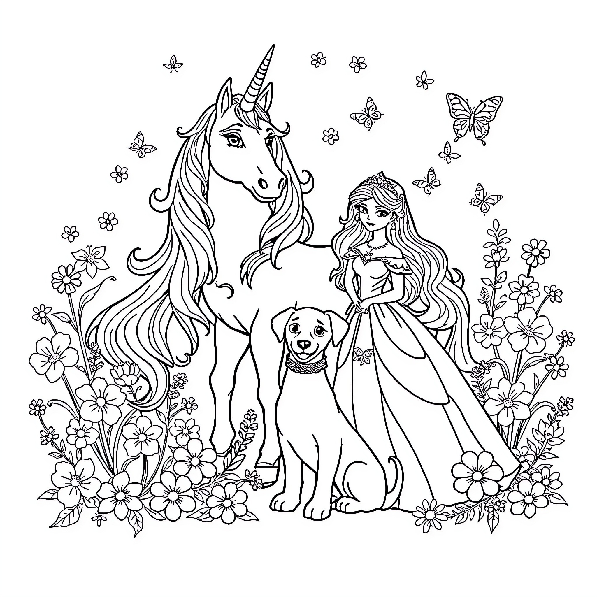 Unicorn and Princess with Puppy in Floral Garden Coloring Page (free black-and-white line drawing printable PDF for all, from beginners to advanced learners, including children, teens, adults, and seniors)