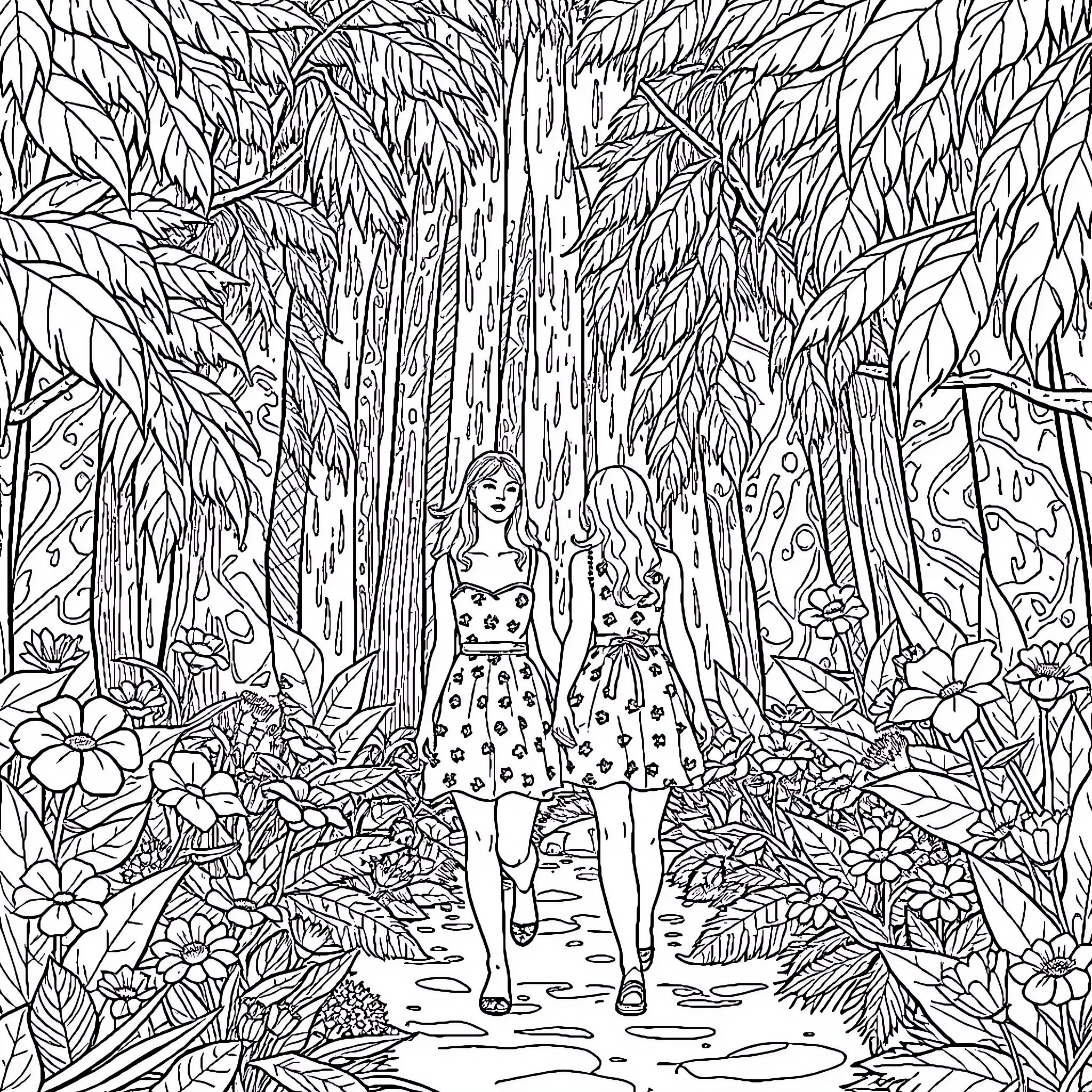 Taylor Swift's whimsical forest adventure Coloring Page (free black-and-white line drawing printable PDF for all, from beginners to advanced learners, including children, teens, adults, and seniors)