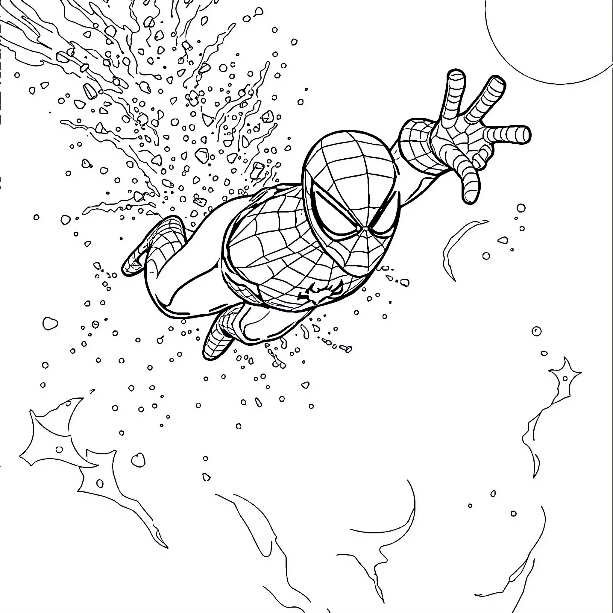 Spiderman swinging through the night sky Coloring Page (free black-and-white line drawing printable PDF for all, from beginners to advanced learners, including children, teens, adults, and seniors)