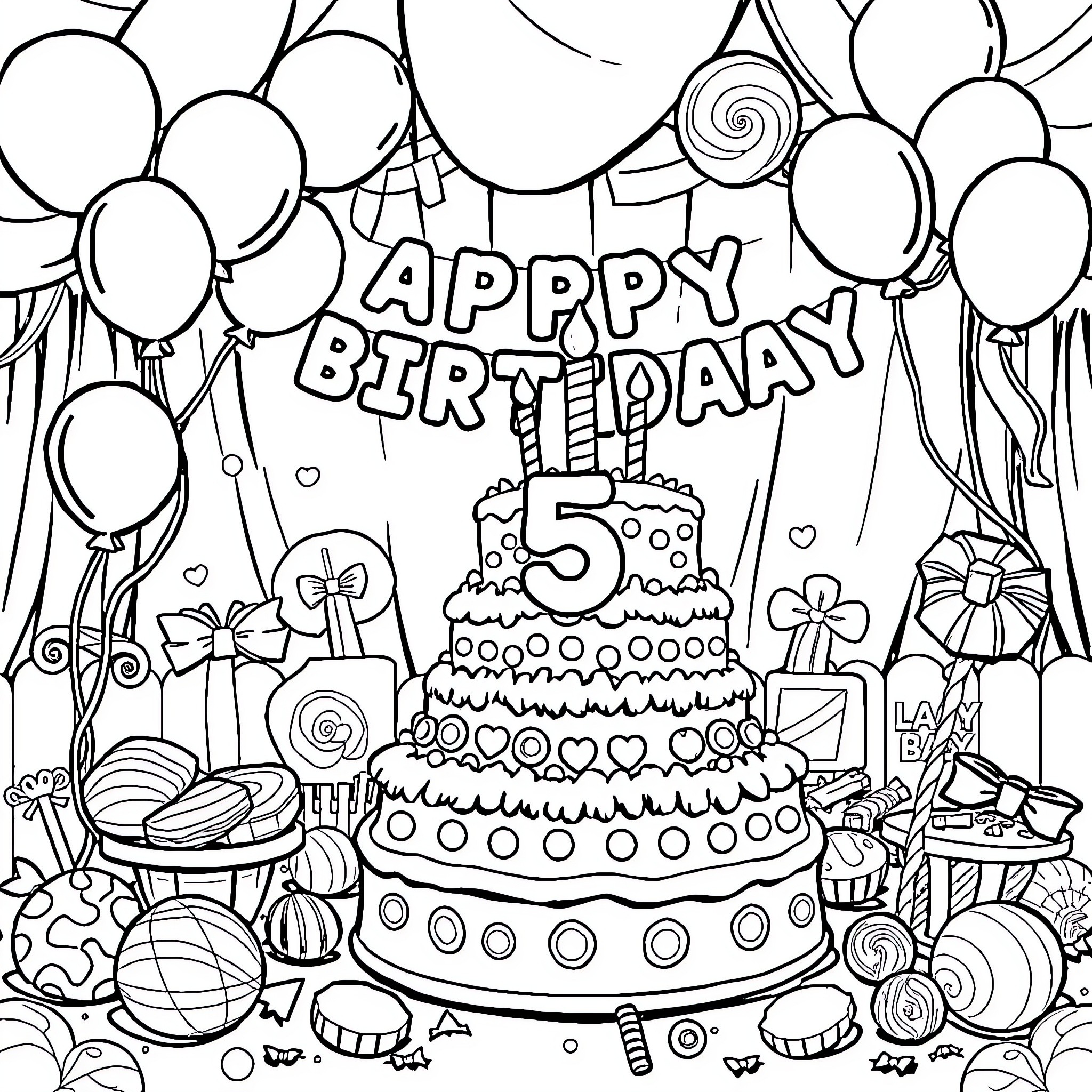 Birthday celebration with cake, balloons, and party decorations Coloring Page (free black-and-white line drawing printable PDF for all, from beginners to advanced learners, including children, teens, adults, and seniors)