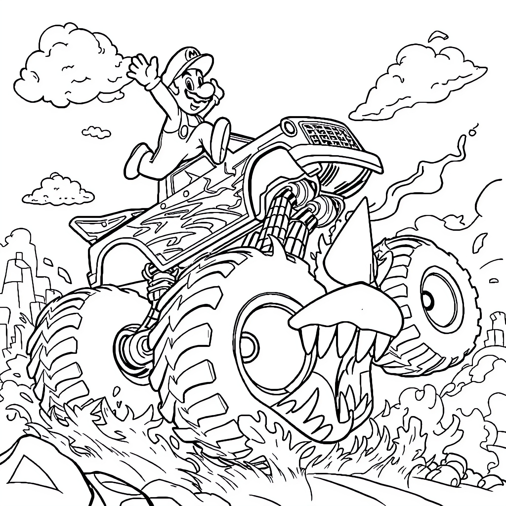 Mario riding a monster truck through a chaotic landscape Coloring Page (free black-and-white line drawing printable PDF for all, from beginners to advanced learners, including children, teens, adults, and seniors)