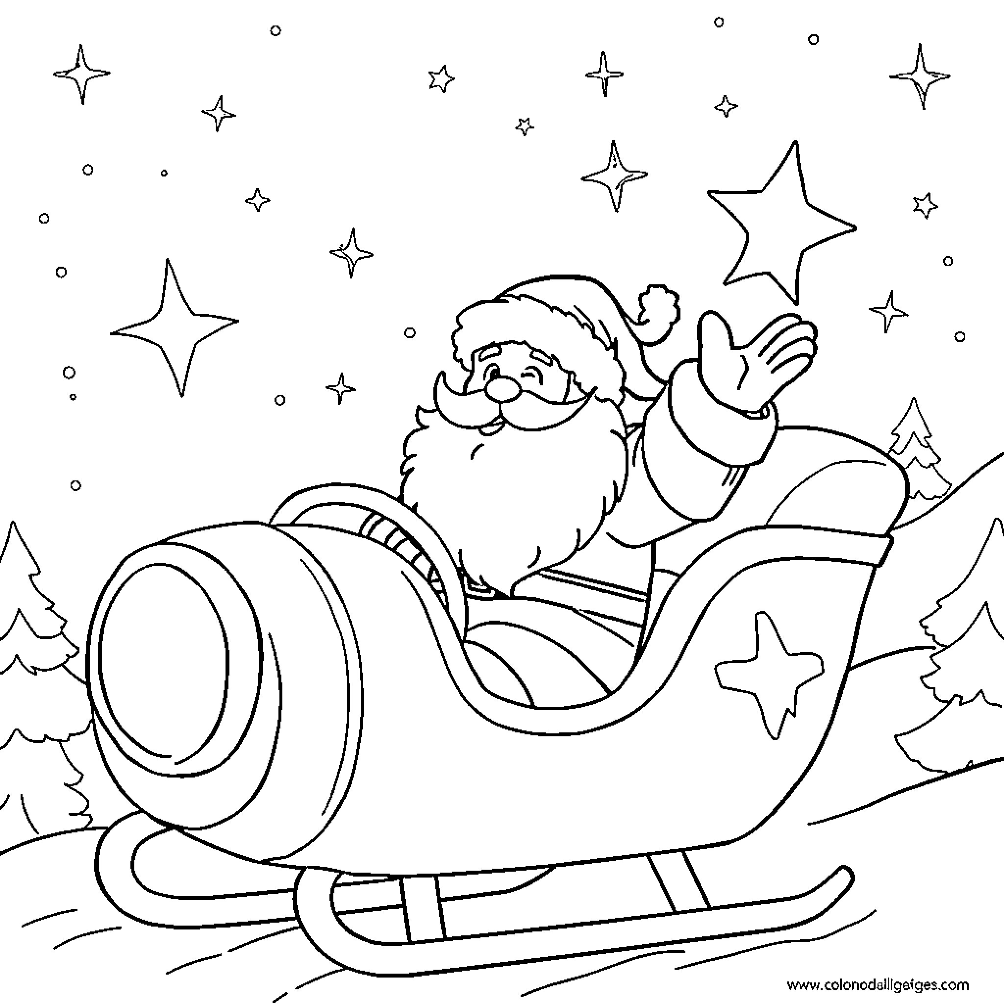 Santa riding his sleigh on a starry night Coloring Page (free black-and-white line drawing printable PDF for all, from beginners to advanced learners, including children, teens, adults, and seniors)