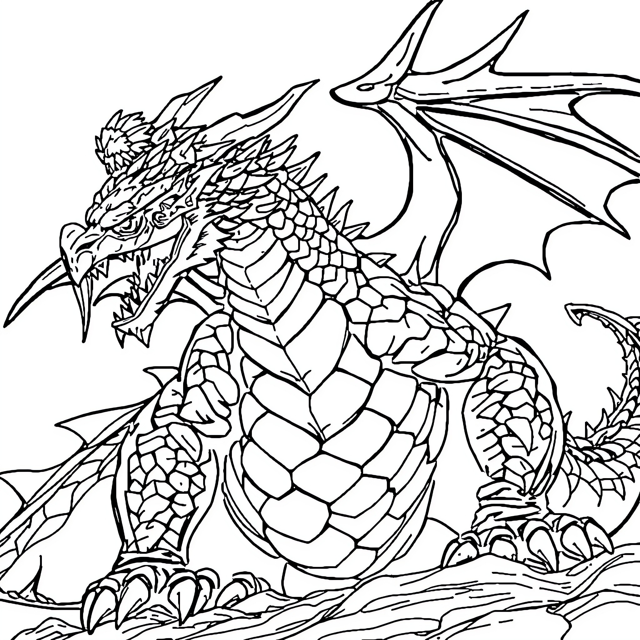 Dragon guarding its precious treasure Coloring Page (free black-and-white line drawing printable PDF for all, from beginners to advanced learners, including children, teens, adults, and seniors)