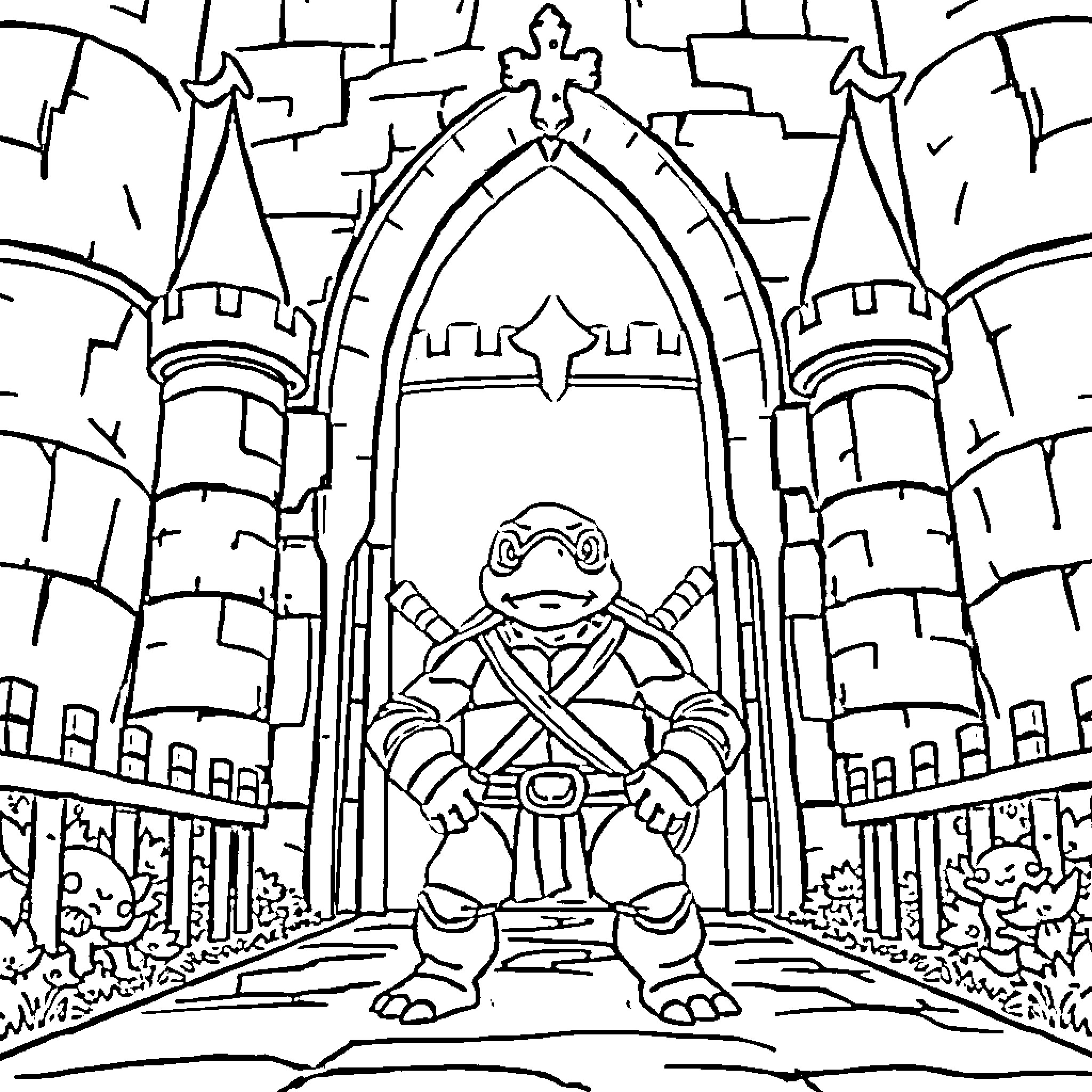 Tortoise warrior standing bravely in front of a castle Coloring Page (free black-and-white line drawing printable PDF for all, from beginners to advanced learners, including children, teens, adults, and seniors)