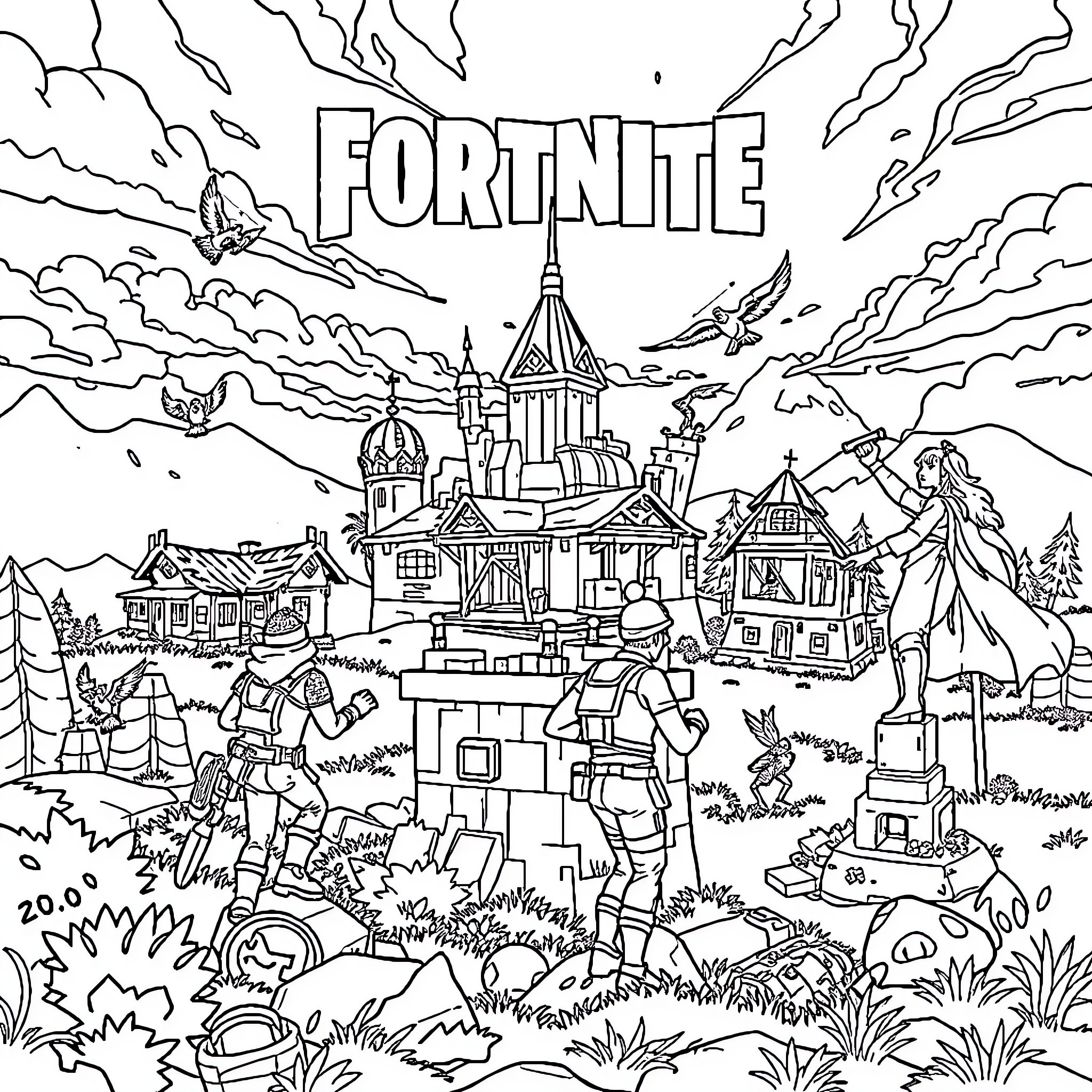 Fortnite Characters and Scenery in Black and White Coloring Page (free black-and-white line drawing printable PDF for all, from beginners to advanced learners, including children, teens, adults, and seniors)