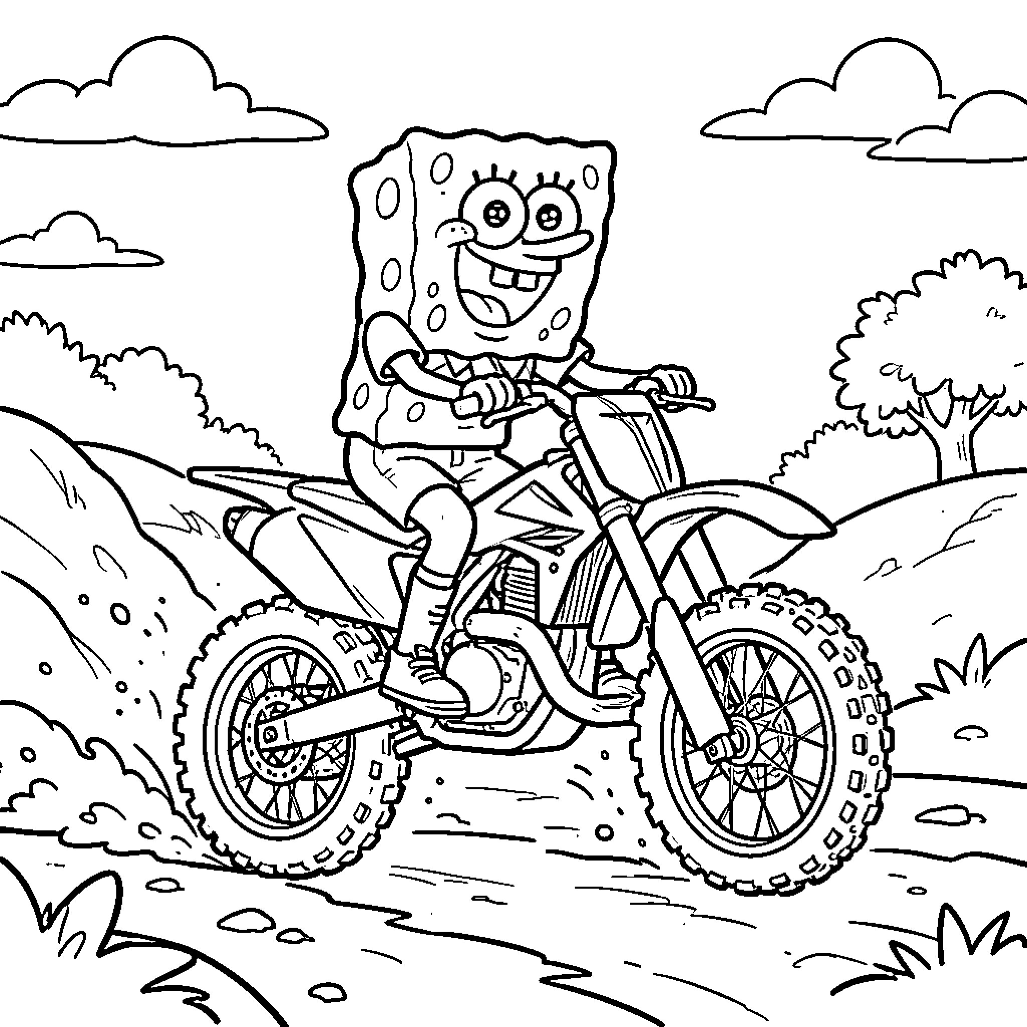 Spongebob riding a dirt bike with a happy expression Coloring Page (free black-and-white line drawing printable PDF for all, from beginners to advanced learners, including children, teens, adults, and seniors)