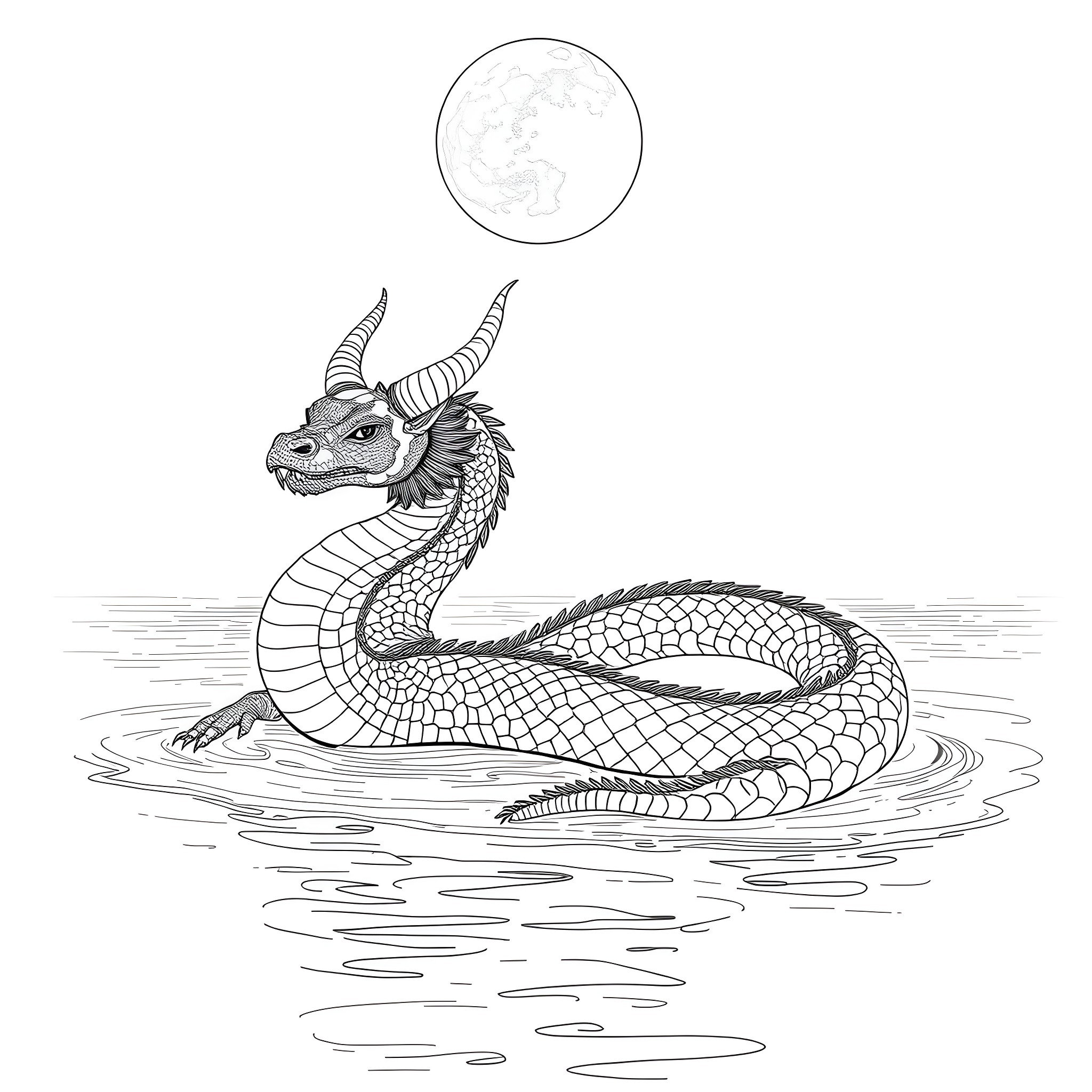 Uktena, the serpent deity, rising from the water under the moonlight Coloring Page (free black-and-white line drawing printable PDF for all, from beginners to advanced learners, including children, teens, adults, and seniors)