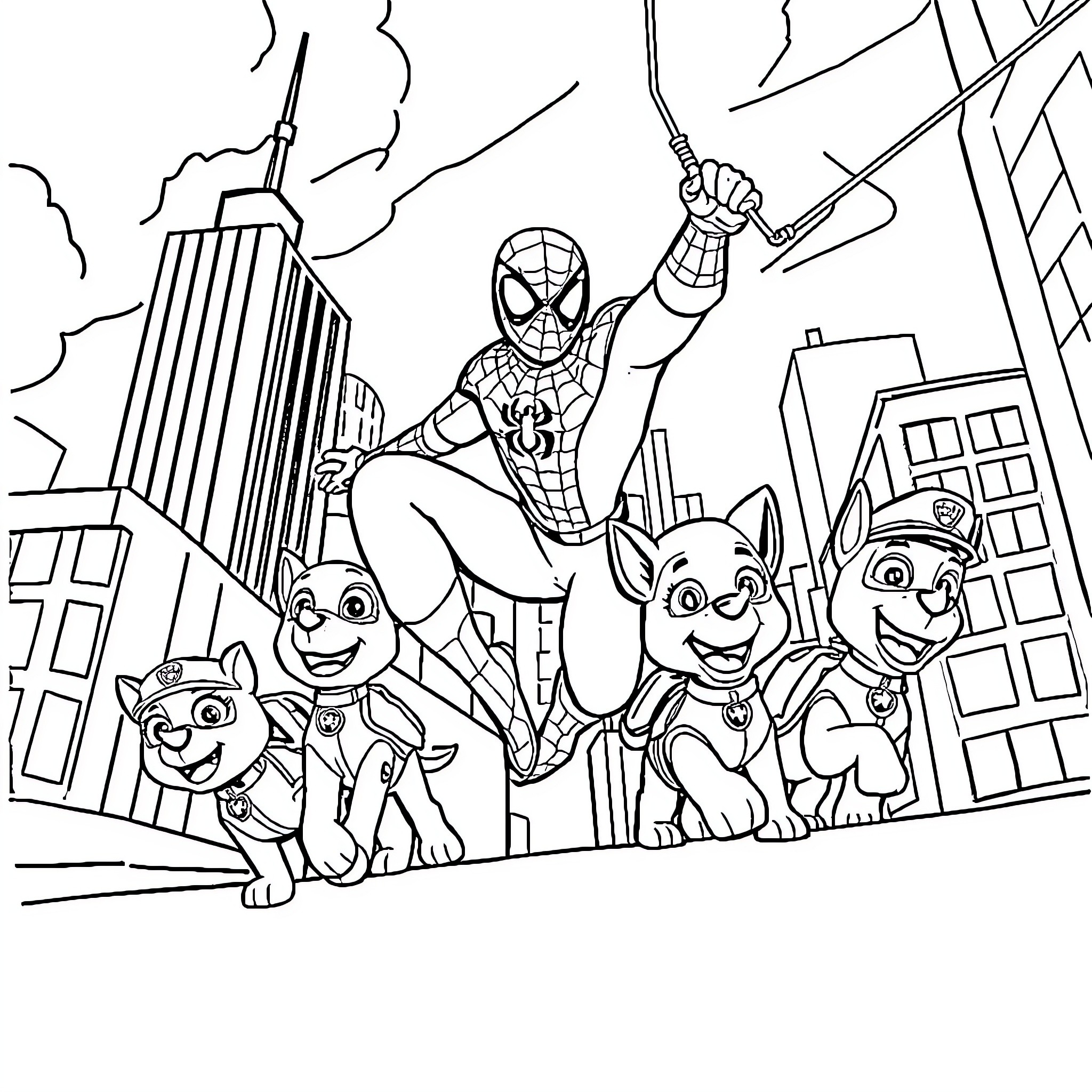 Spider and Paw Patrol team up for action-packed adventure Coloring Page (free black-and-white line drawing printable PDF for all, from beginners to advanced learners, including children, teens, adults, and seniors)