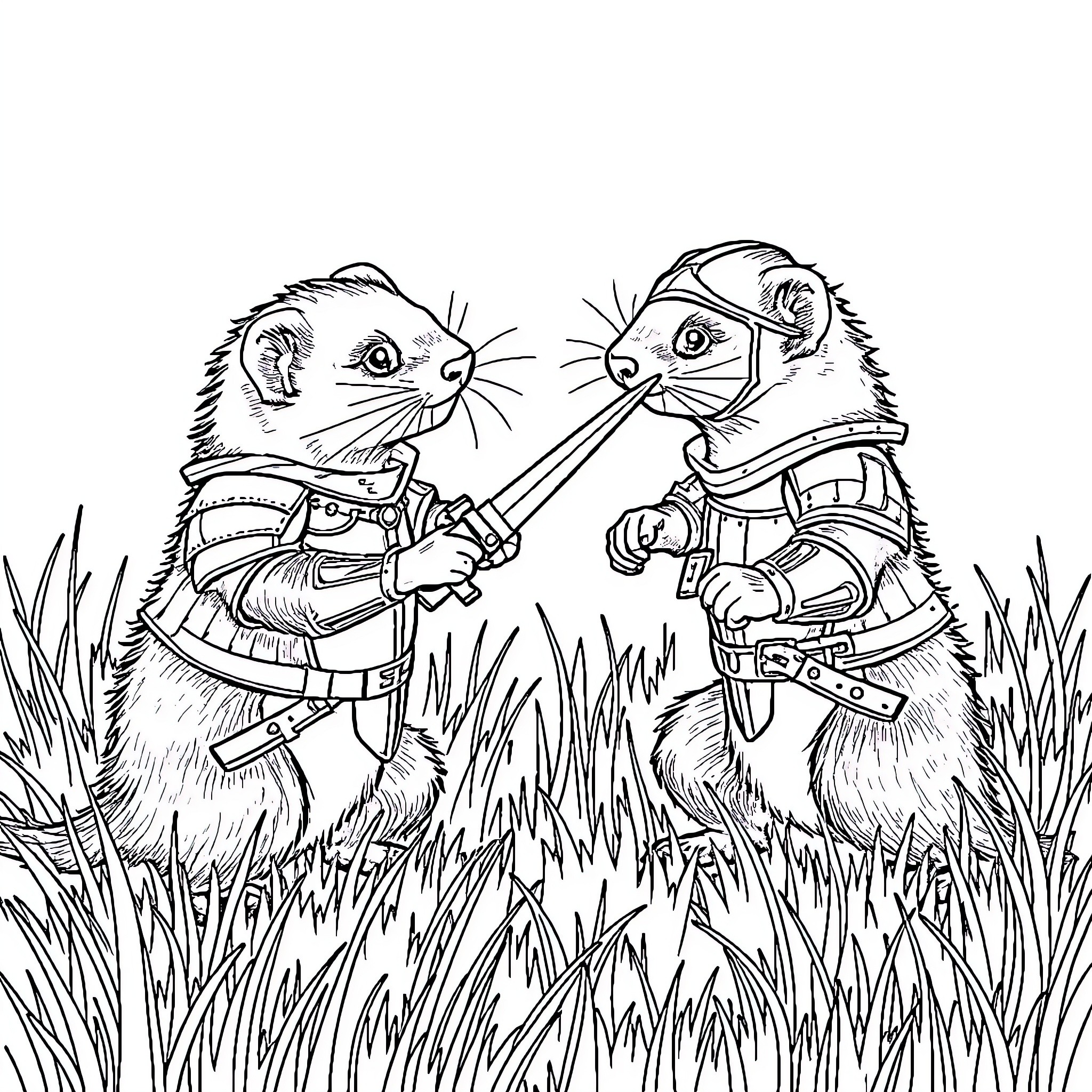Ferret knights dueling in the tall grass Coloring Page (free black-and-white line drawing printable PDF for all, from beginners to advanced learners, including children, teens, adults, and seniors)