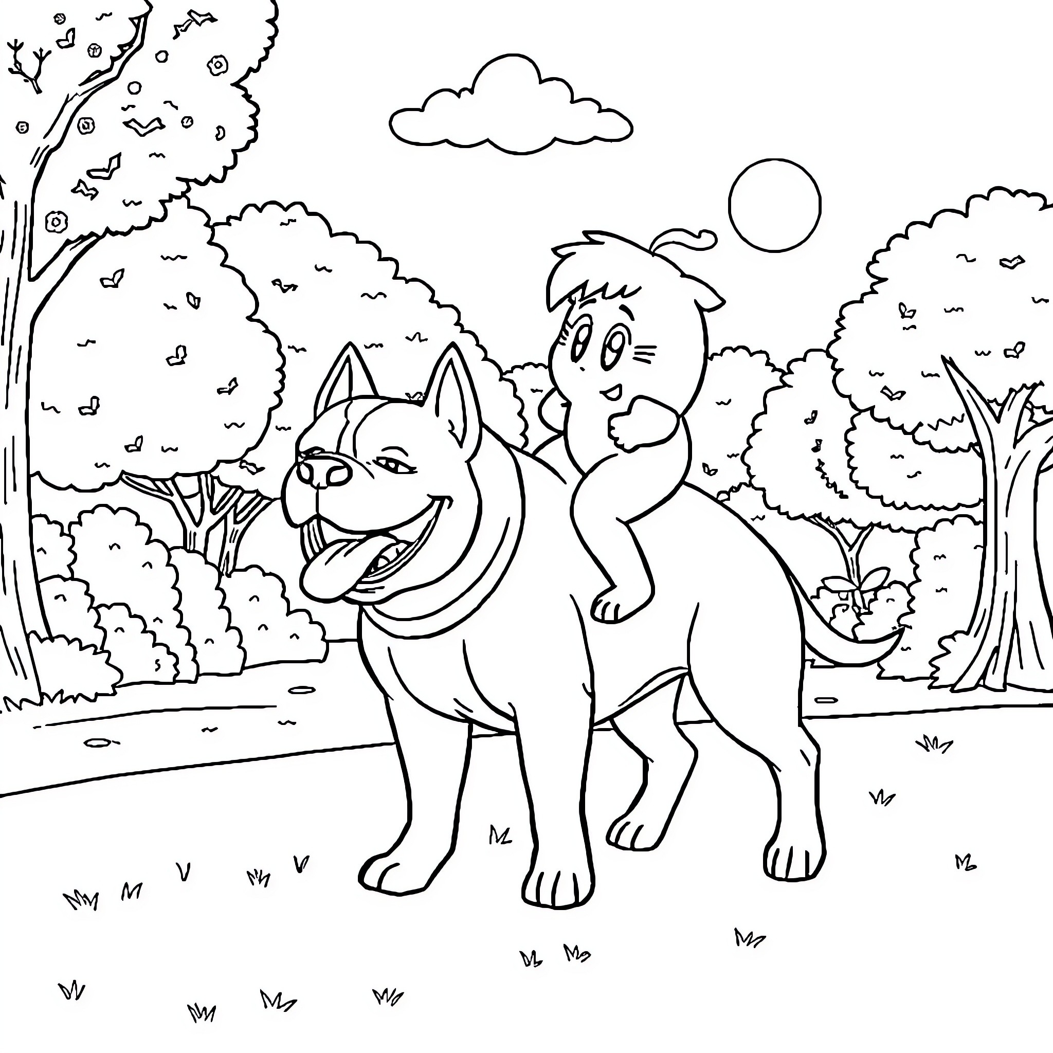 Kirby and his dog friend exploring the forest Coloring Page (free black-and-white line drawing printable PDF for all, from beginners to advanced learners, including children, teens, adults, and seniors)