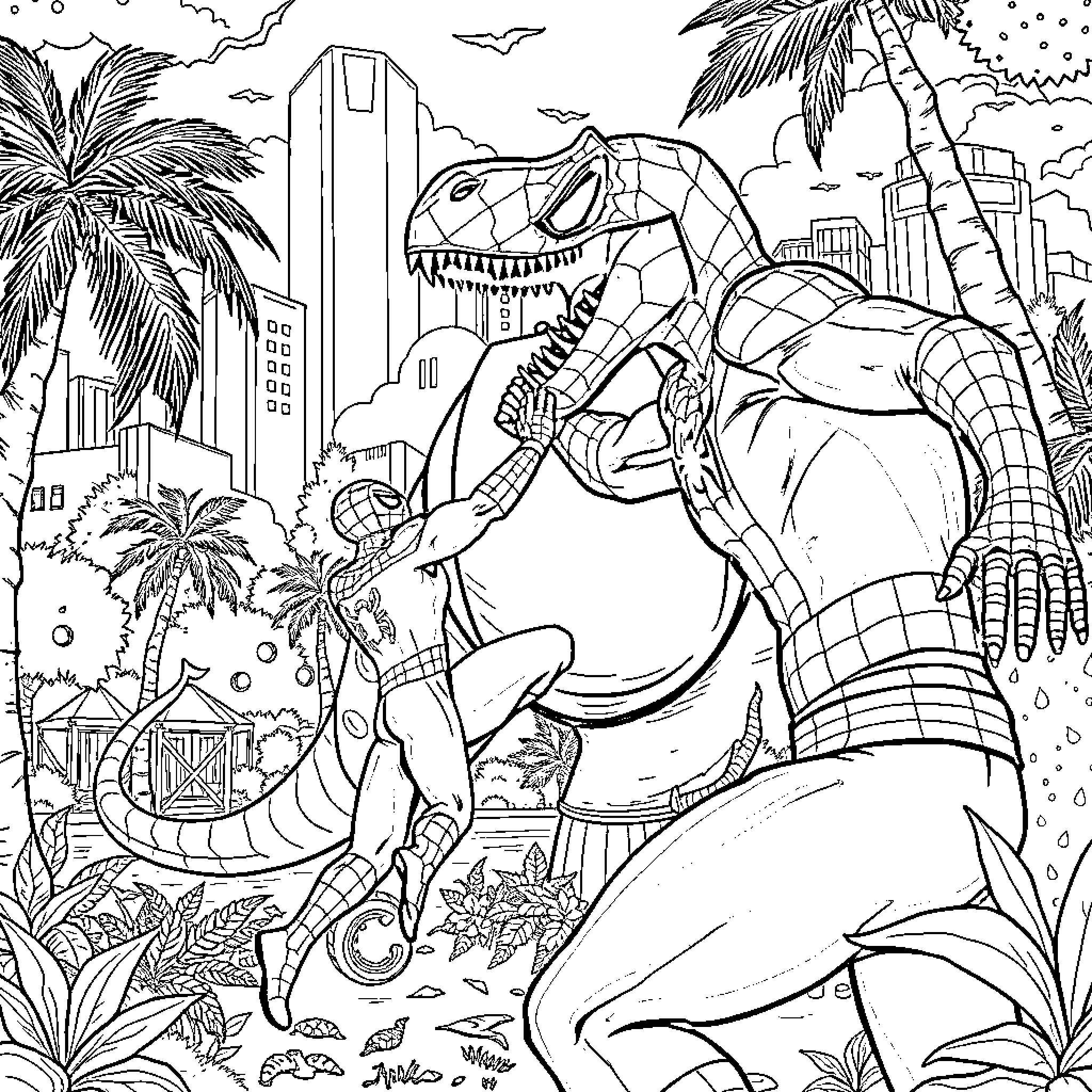 Spider-Man battling giant dinosaur in futuristic city Coloring Page (free black-and-white line drawing printable PDF for all, from beginners to advanced learners, including children, teens, adults, and seniors)