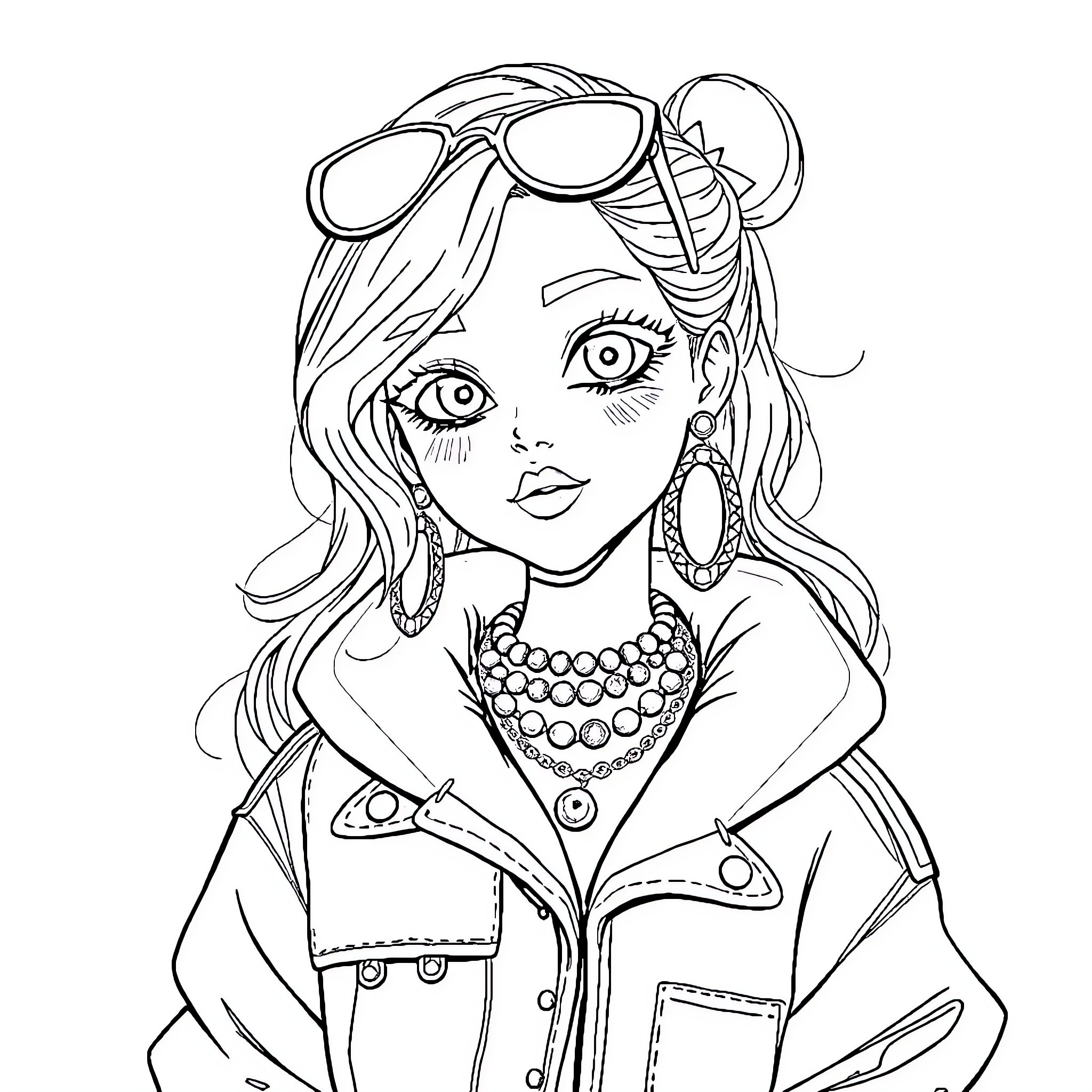Girl in stylish outfit with glasses and jewelry Coloring Page (free black-and-white line drawing printable PDF for all, from beginners to advanced learners, including children, teens, adults, and seniors)
