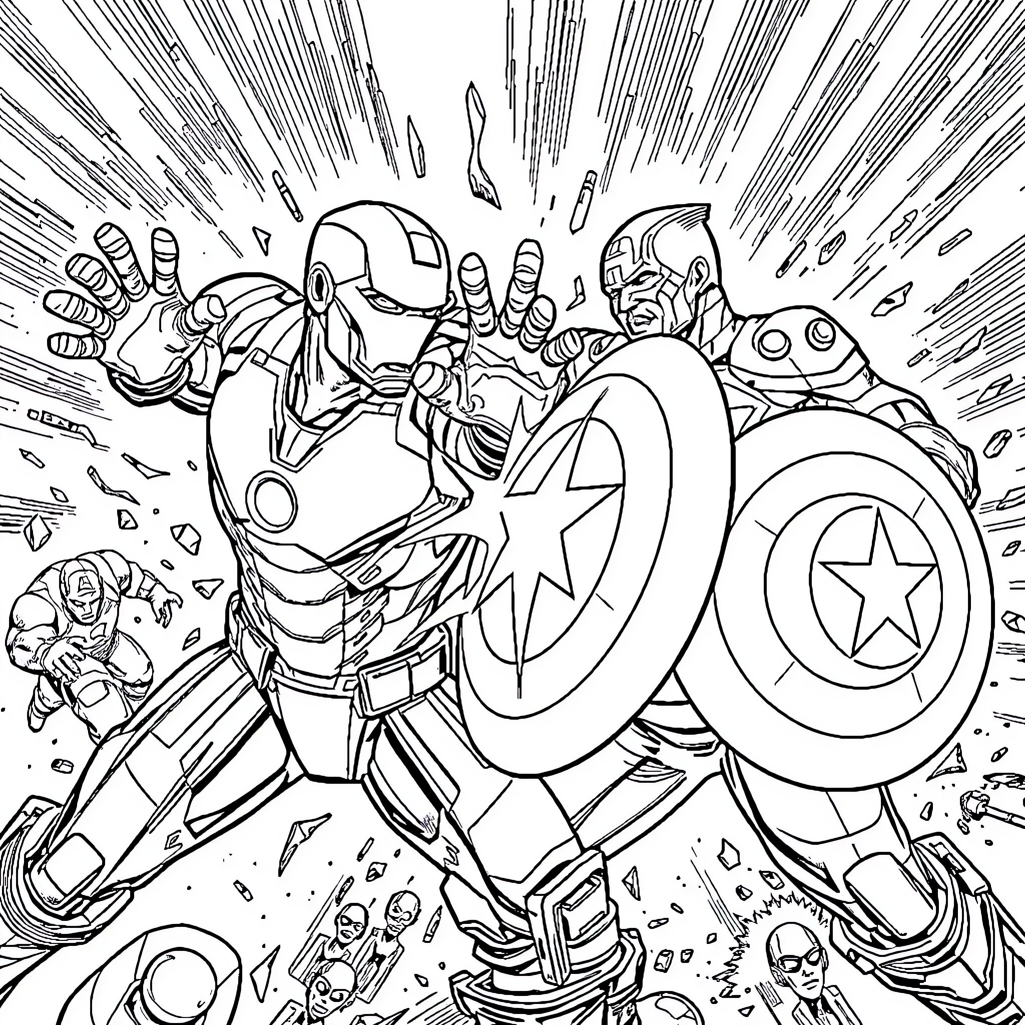 Iron Man battles other superheroes in intense action scene Coloring Page (free black-and-white line drawing printable PDF for all, from beginners to advanced learners, including children, teens, adults, and seniors)