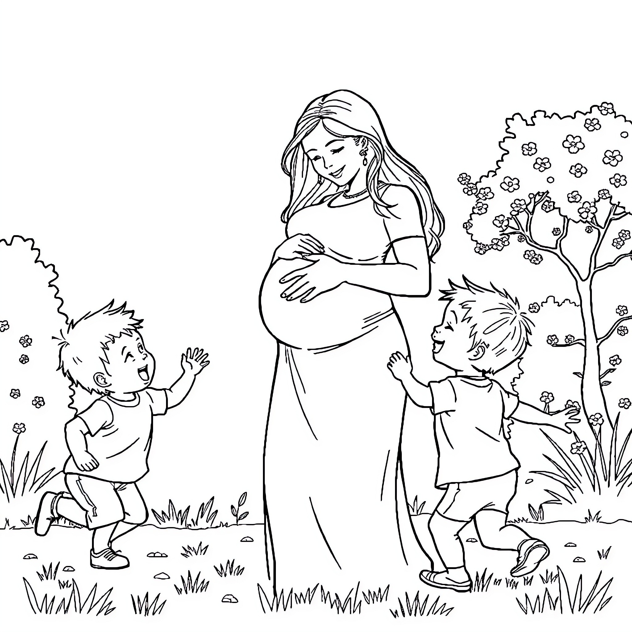 Mom caring for her children in nature Coloring Page (free black-and-white line drawing printable PDF for all, from beginners to advanced learners, including children, teens, adults, and seniors)