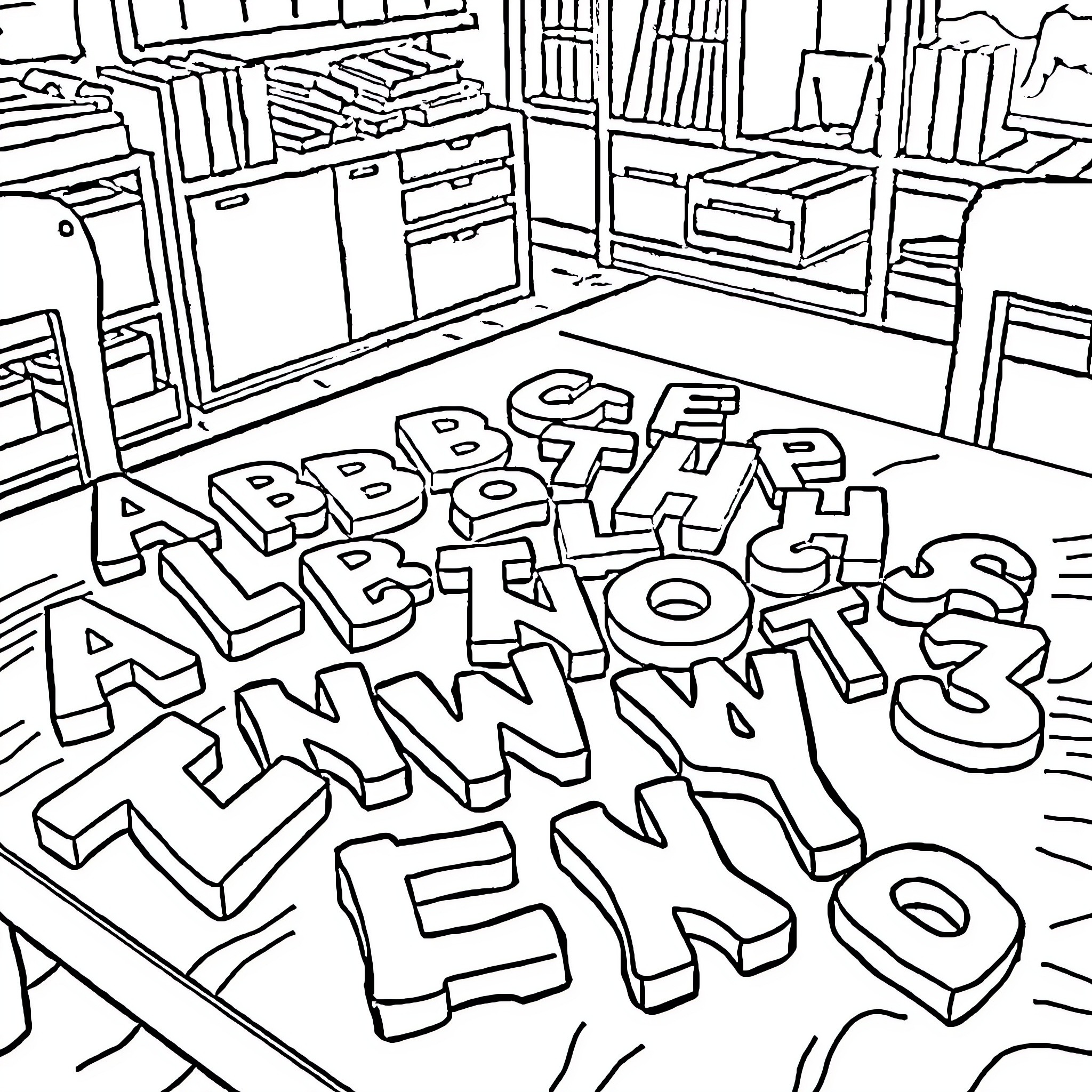 Alphabet letters scattered in an office scene Coloring Page (free black-and-white line drawing printable PDF for all, from beginners to advanced learners, including children, teens, adults, and seniors)