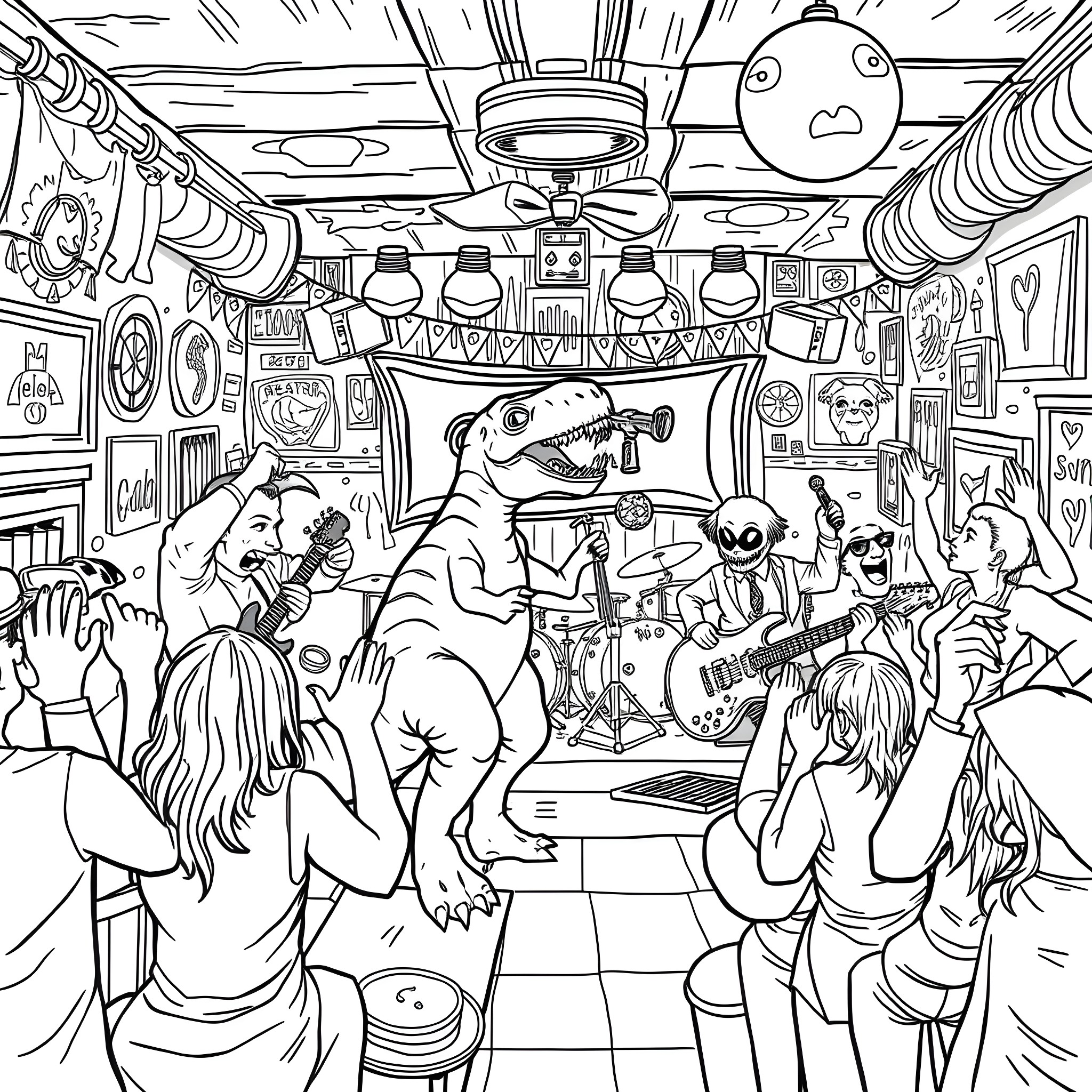 Dinosaur band performing lively music for audience Coloring Page (free black-and-white line drawing printable PDF for all, from beginners to advanced learners, including children, teens, adults, and seniors)