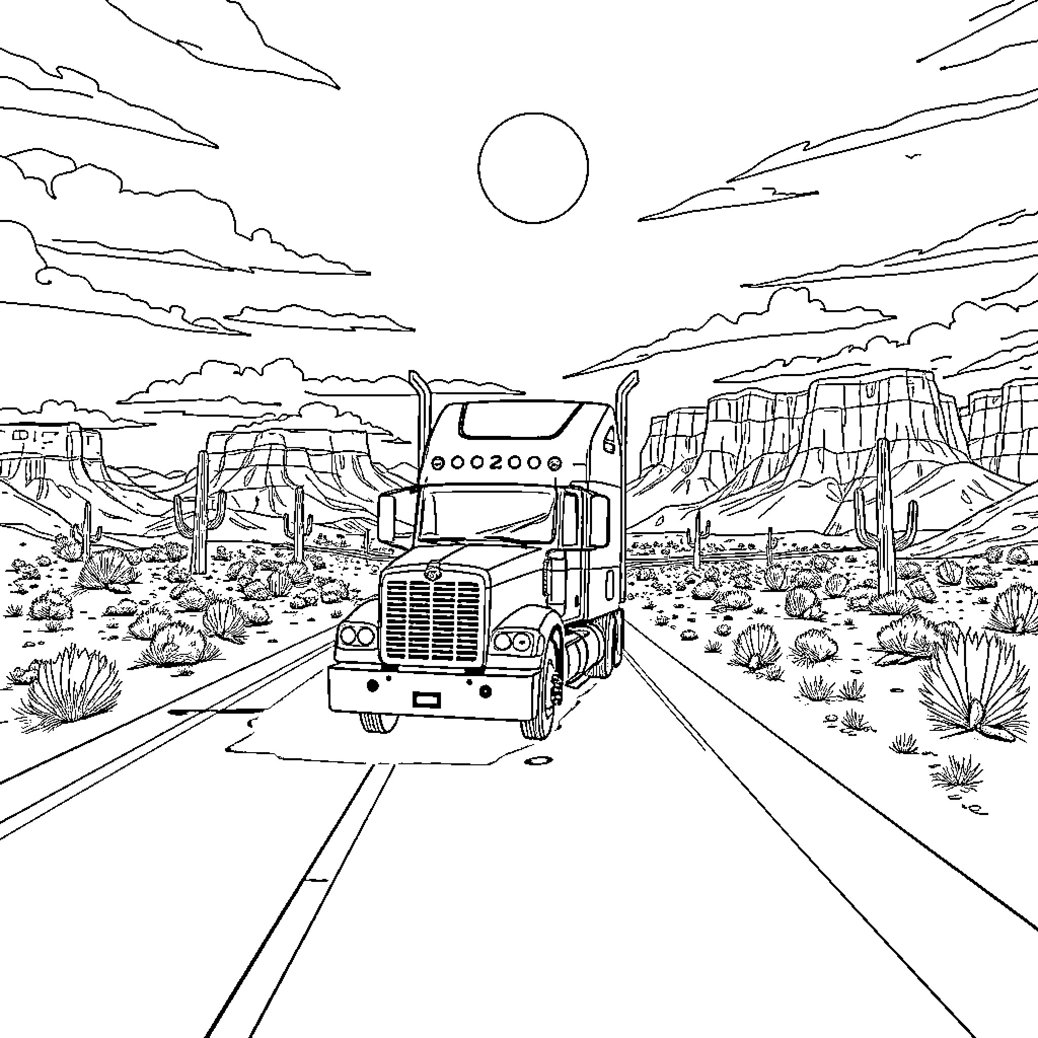 Semi Truck Traversing the Rugged Desert Landscape Coloring Page (free black-and-white line drawing printable PDF for all, from beginners to advanced learners, including children, teens, adults, and seniors)