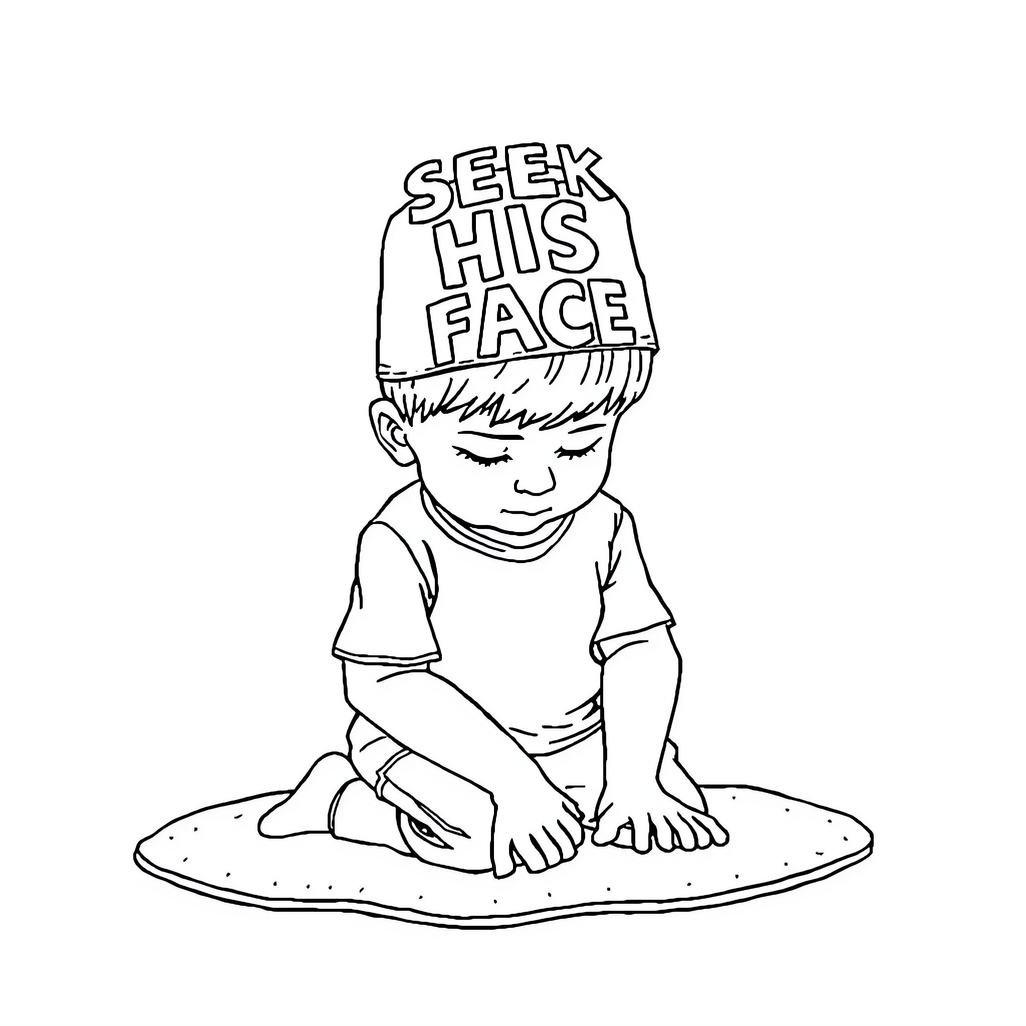 Boy seeking his face with a hat Coloring Page (free black-and-white line drawing printable PDF for all, from beginners to advanced learners, including children, teens, adults, and seniors)