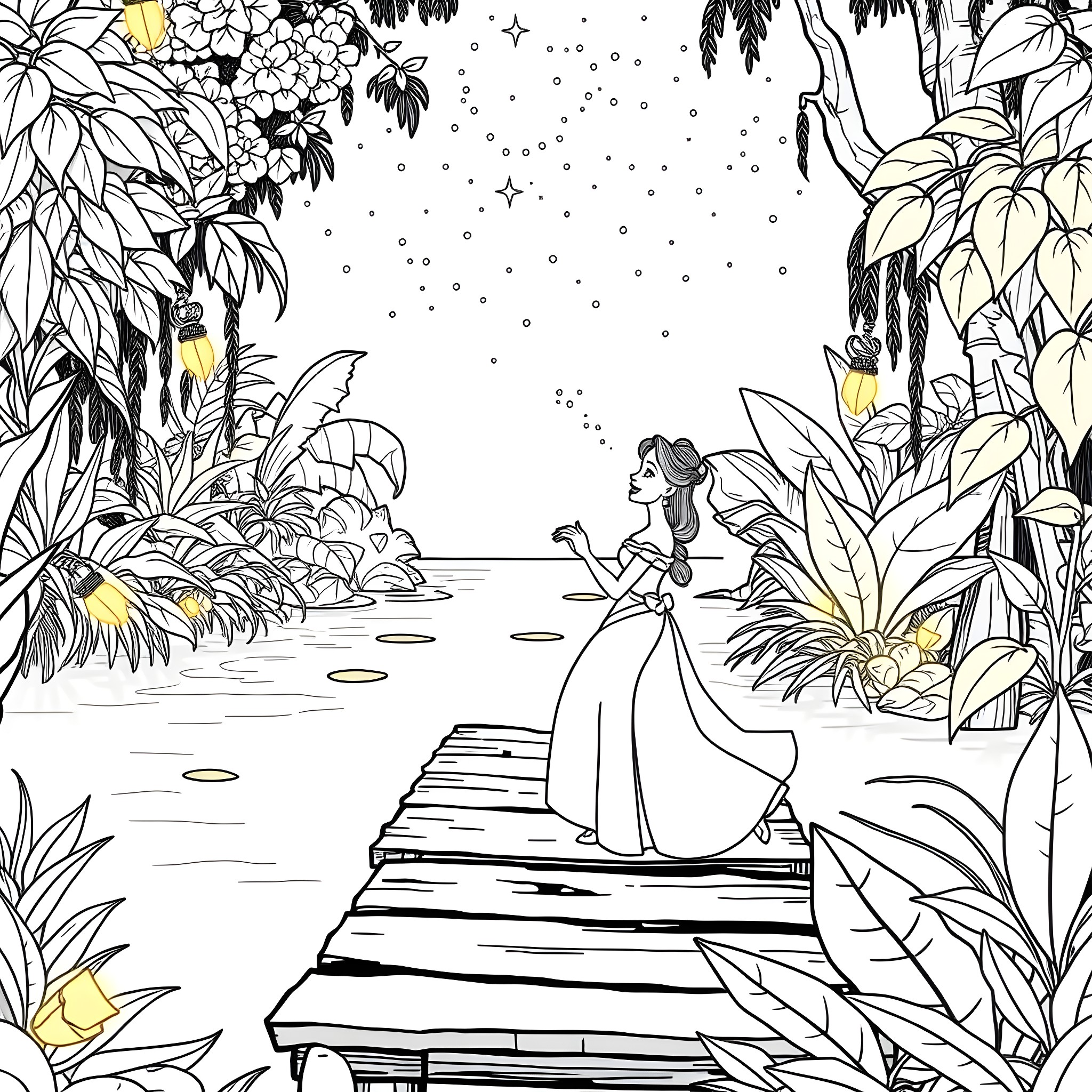 Tiana admiring the stars in the enchanted garden Coloring Page (free black-and-white line drawing printable PDF for all, from beginners to advanced learners, including children, teens, adults, and seniors)