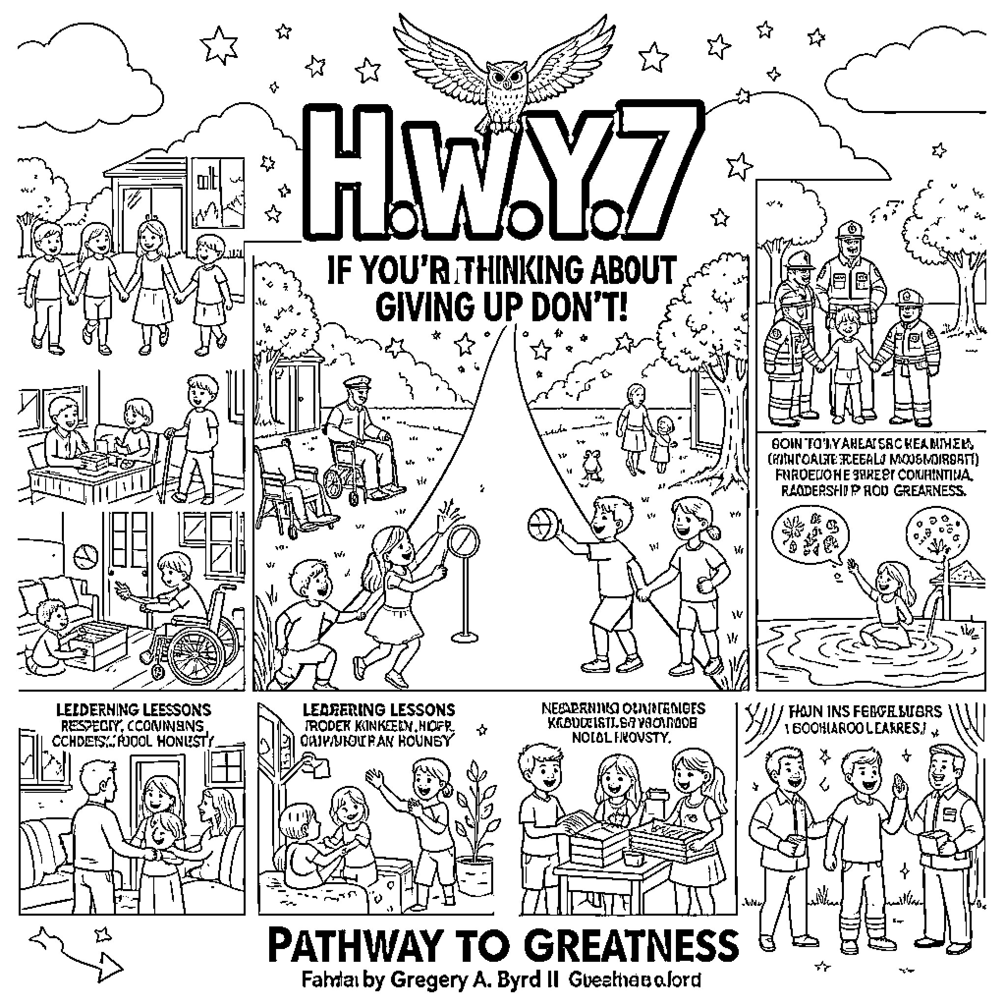 Greatness through learning and helping others in community scenes Coloring Page (free black-and-white line drawing printable PDF for all, from beginners to advanced learners, including children, teens, adults, and seniors)