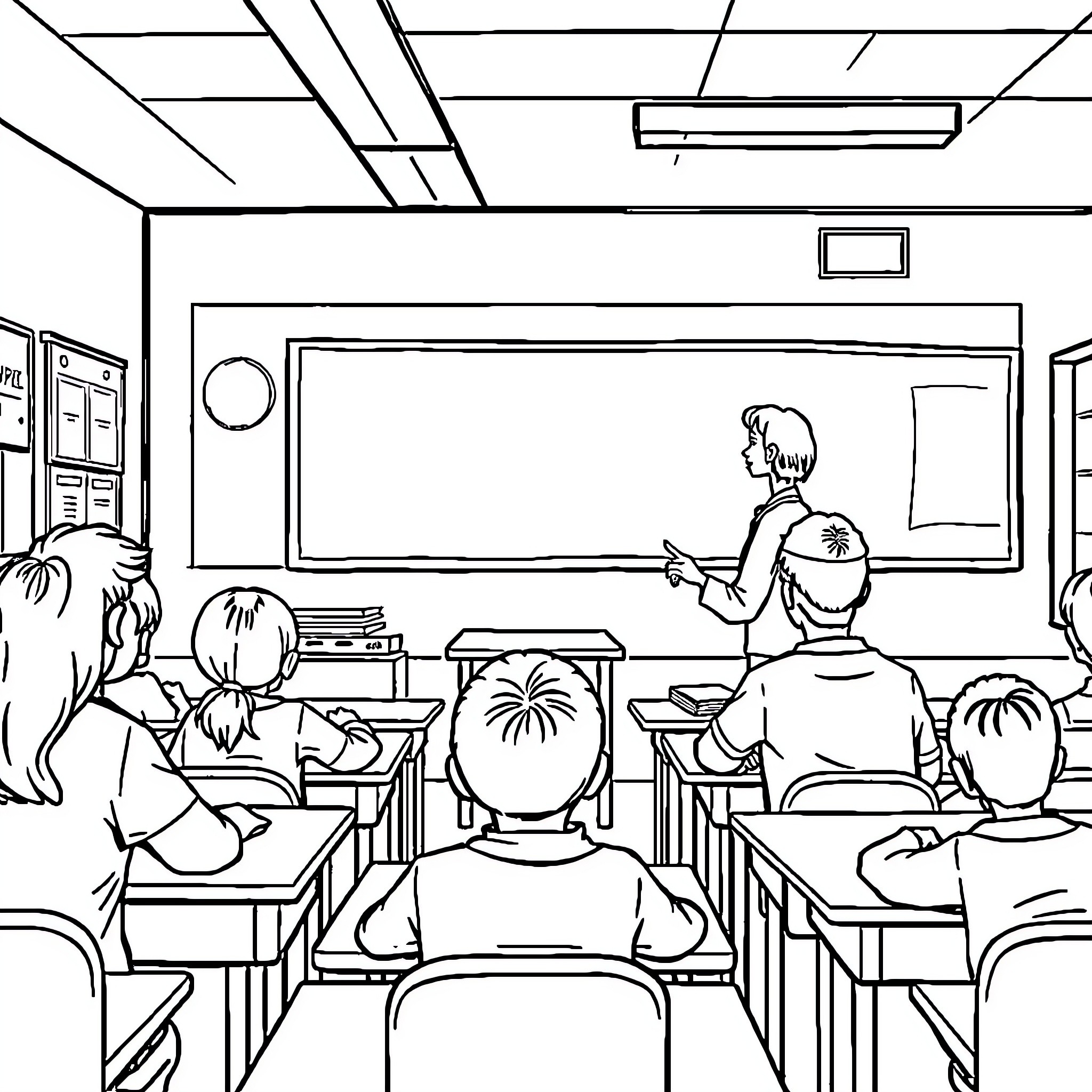Teacher Lecturing to Attentive Students in Classroom Coloring Page (free black-and-white line drawing printable PDF for all, from beginners to advanced learners, including children, teens, adults, and seniors)