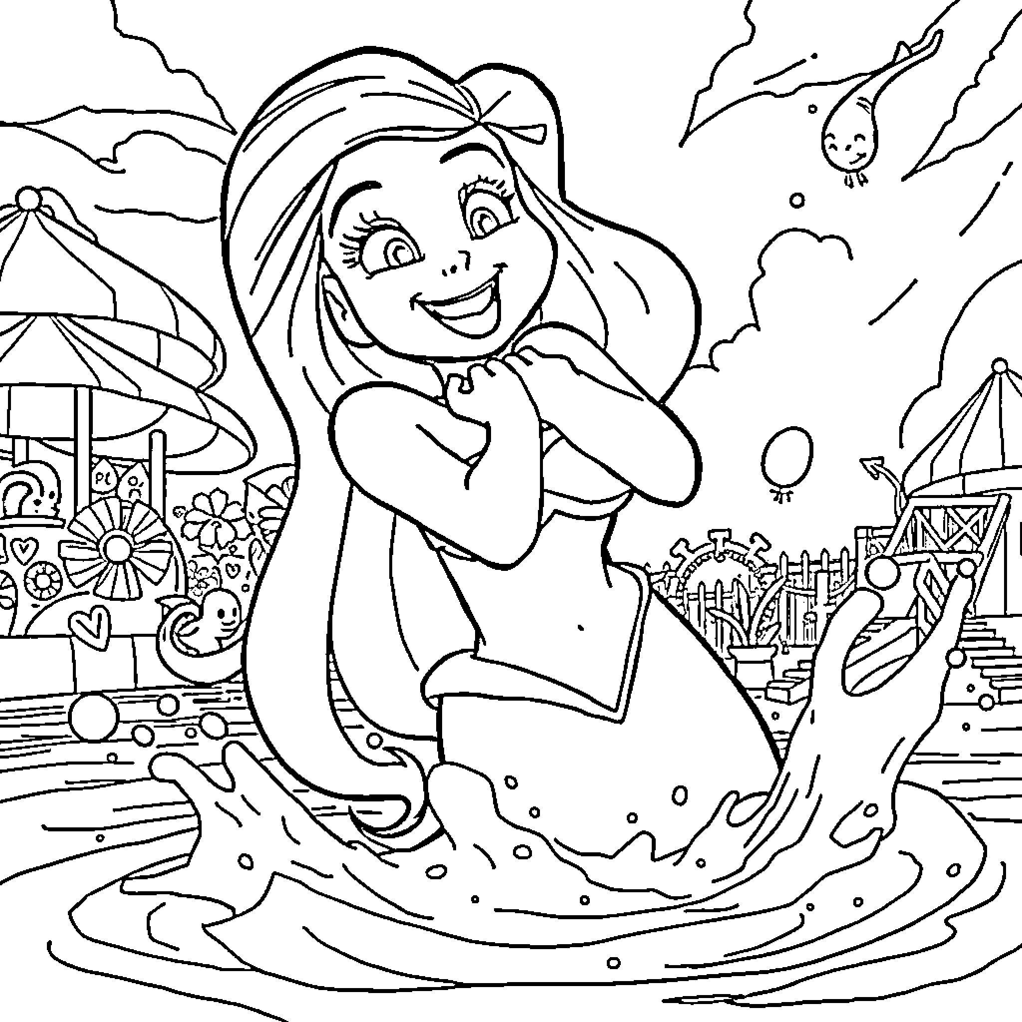 Ariel exploring the whimsical underwater world Coloring Page (free black-and-white line drawing printable PDF for all, from beginners to advanced learners, including children, teens, adults, and seniors)