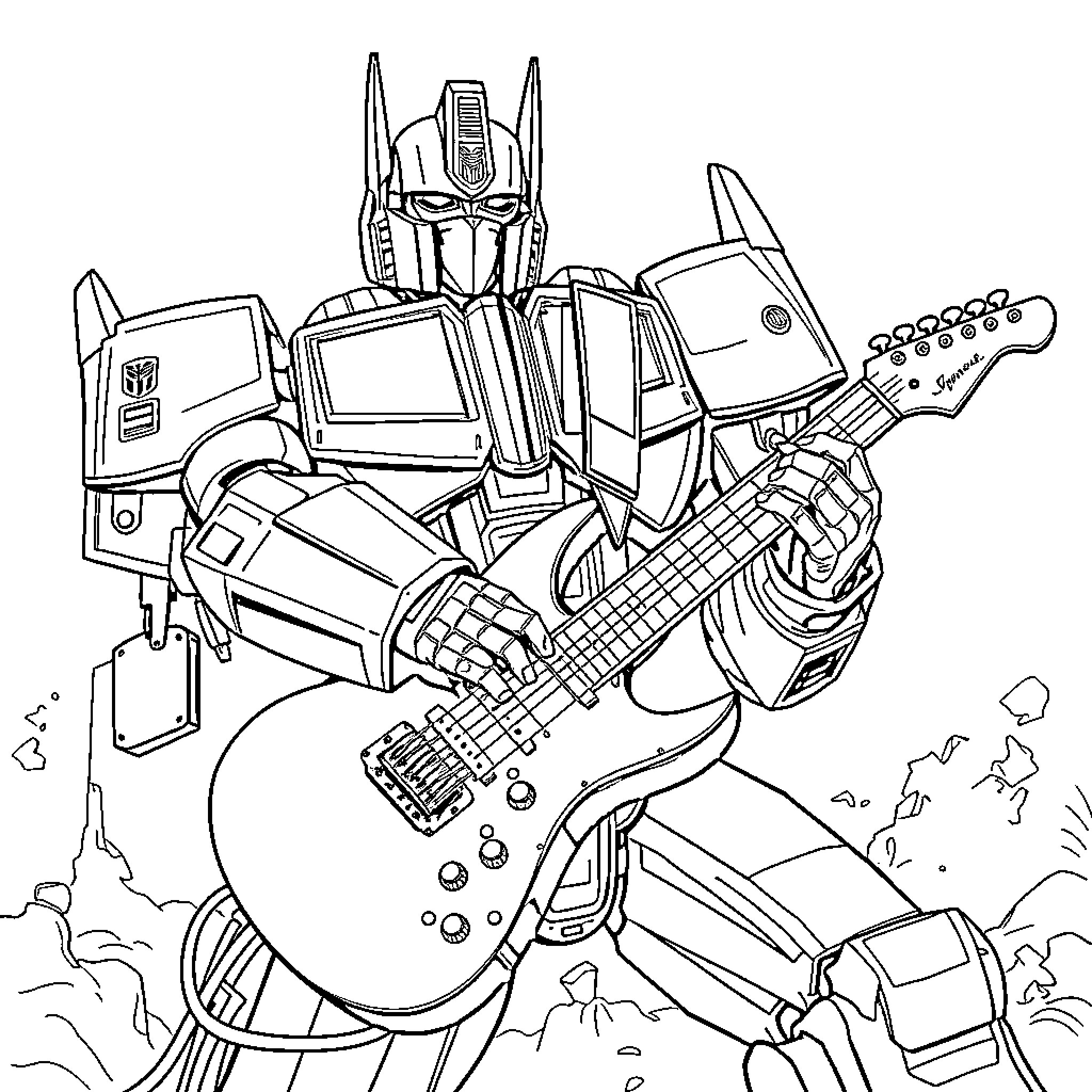 Megatron rocking out with electric guitar in hand Coloring Page (free black-and-white line drawing printable PDF for all, from beginners to advanced learners, including children, teens, adults, and seniors)