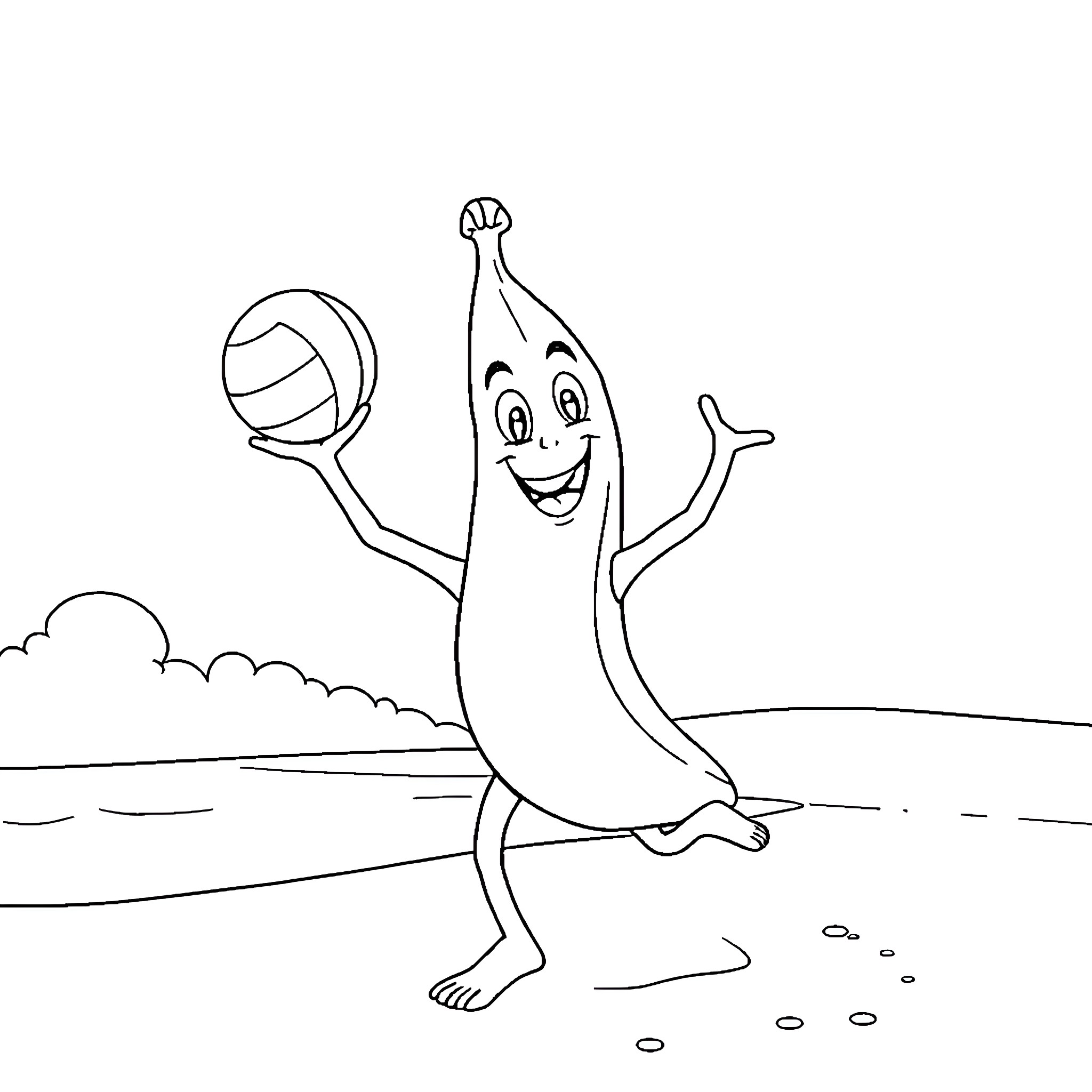 Peely playing happily with volleyball on the beach Coloring Page (free black-and-white line drawing printable PDF for all, from beginners to advanced learners, including children, teens, adults, and seniors)
