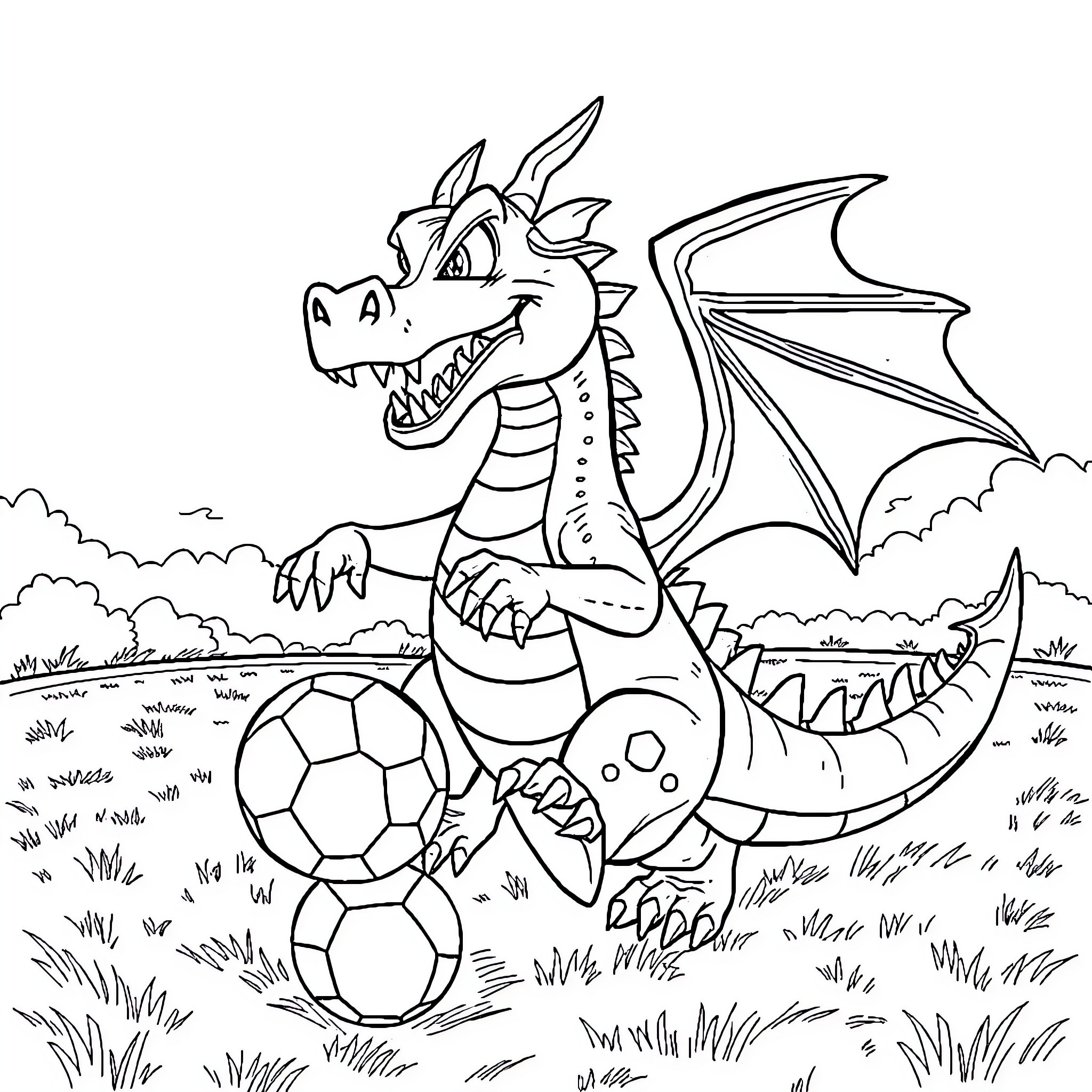 Dragon playing with soccer ball in grassy field Coloring Page (free black-and-white line drawing printable PDF for all, from beginners to advanced learners, including children, teens, adults, and seniors)