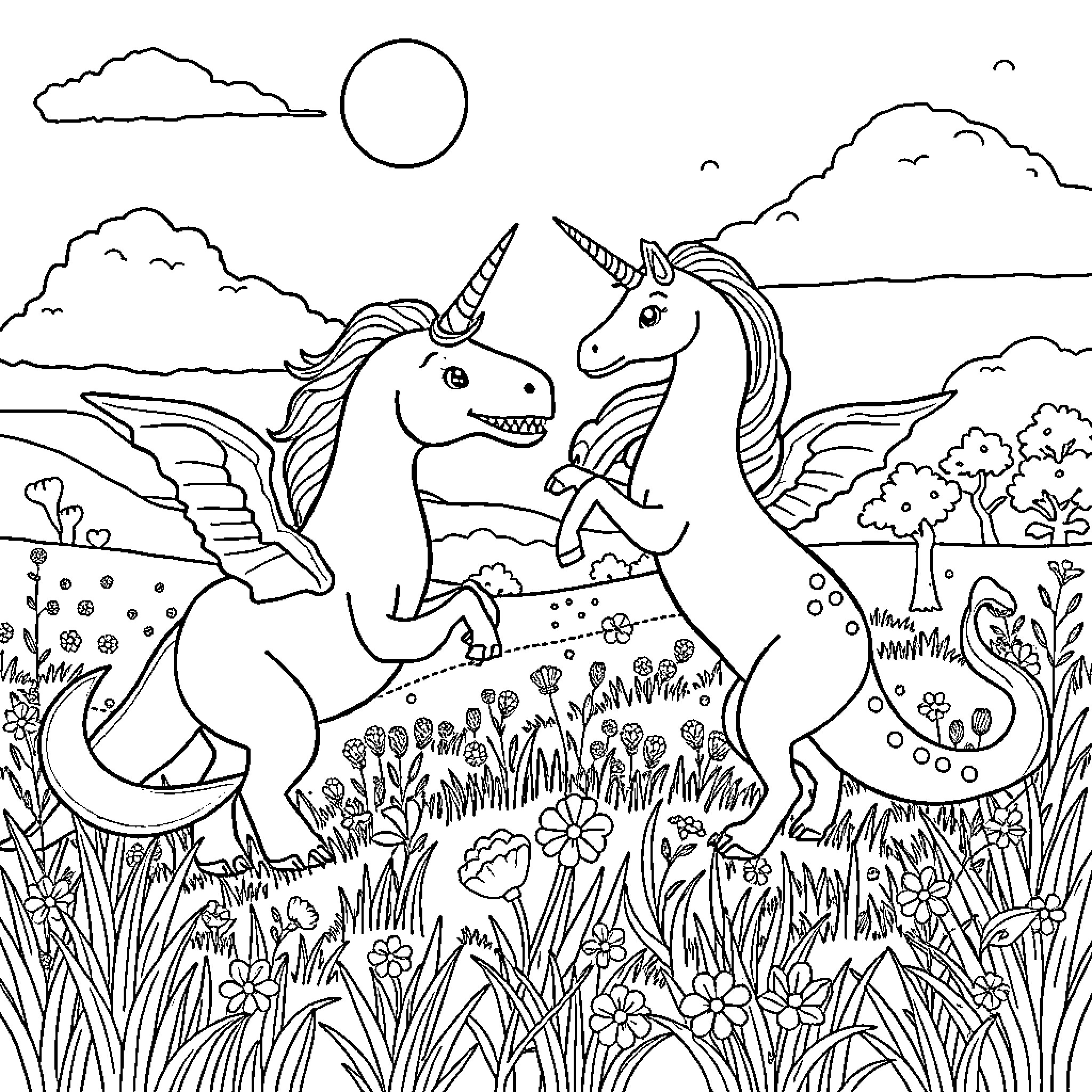 Dinosaur unicorns playing in a meadow Coloring Page (free black-and-white line drawing printable PDF for all, from beginners to advanced learners, including children, teens, adults, and seniors)