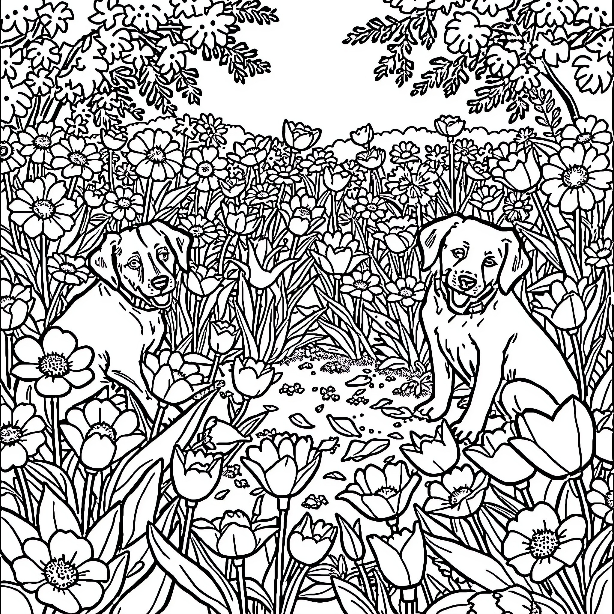 Dogs playing amongst blooming flowers Coloring Page (free black-and-white line drawing printable PDF for all, from beginners to advanced learners, including children, teens, adults, and seniors)