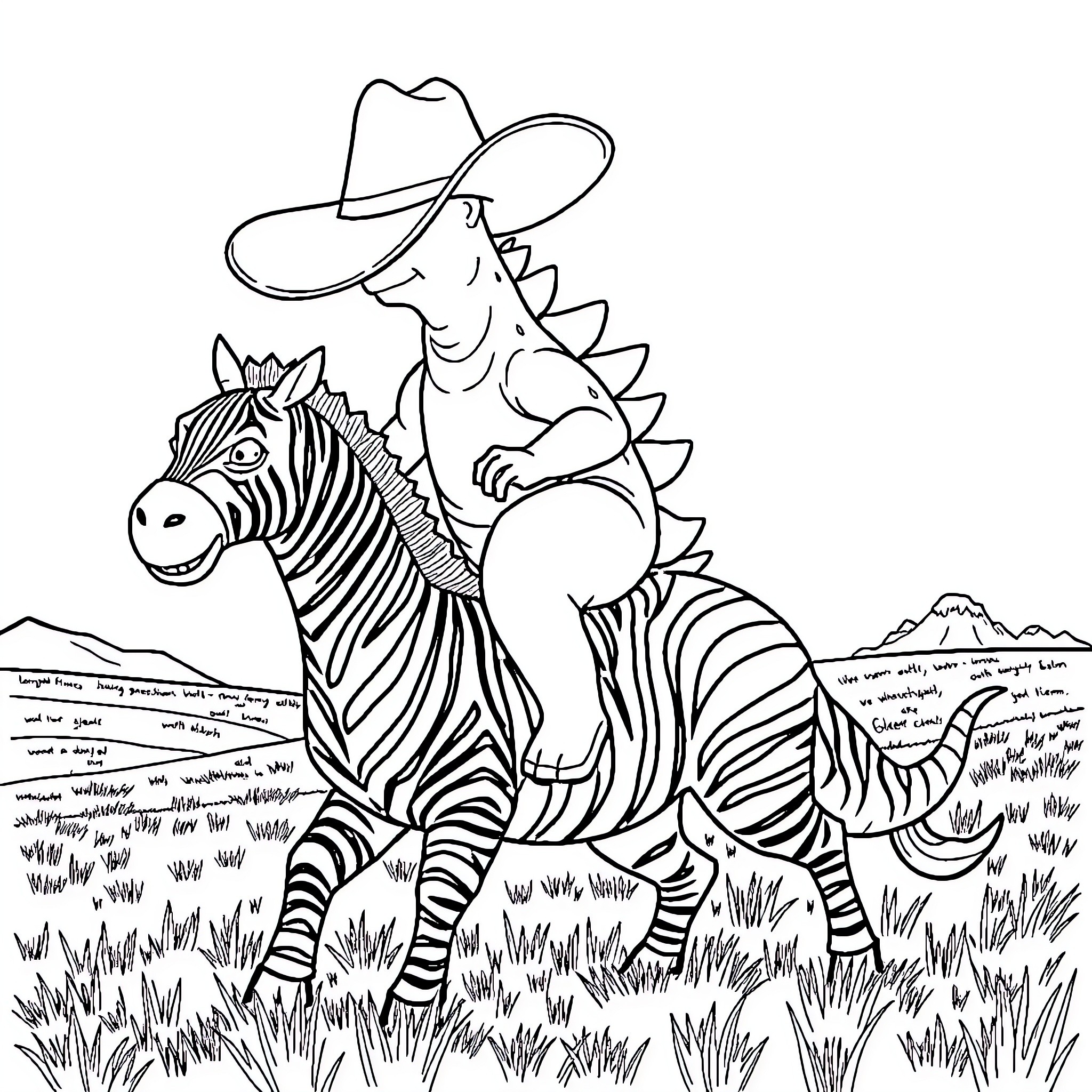 Godzilla Rides Zebra in Cowboy Outfit in Grassland Coloring Page (free black-and-white line drawing printable PDF for all, from beginners to advanced learners, including children, teens, adults, and seniors)