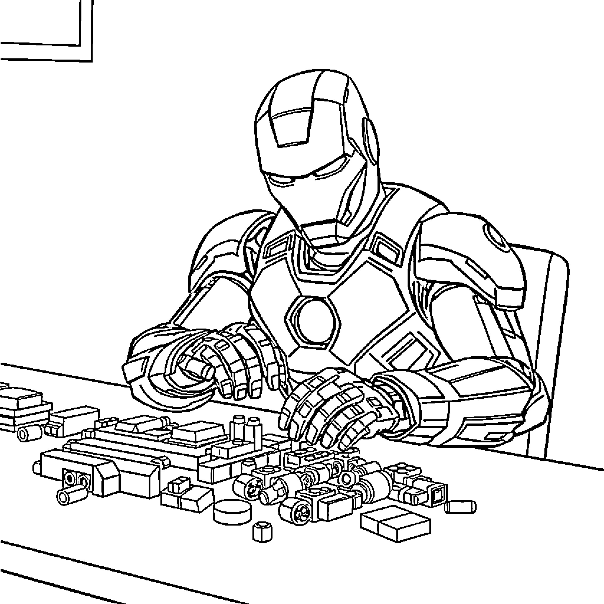 Ironman assembling a complex mechanical device Coloring Page (free black-and-white line drawing printable PDF for all, from beginners to advanced learners, including children, teens, adults, and seniors)