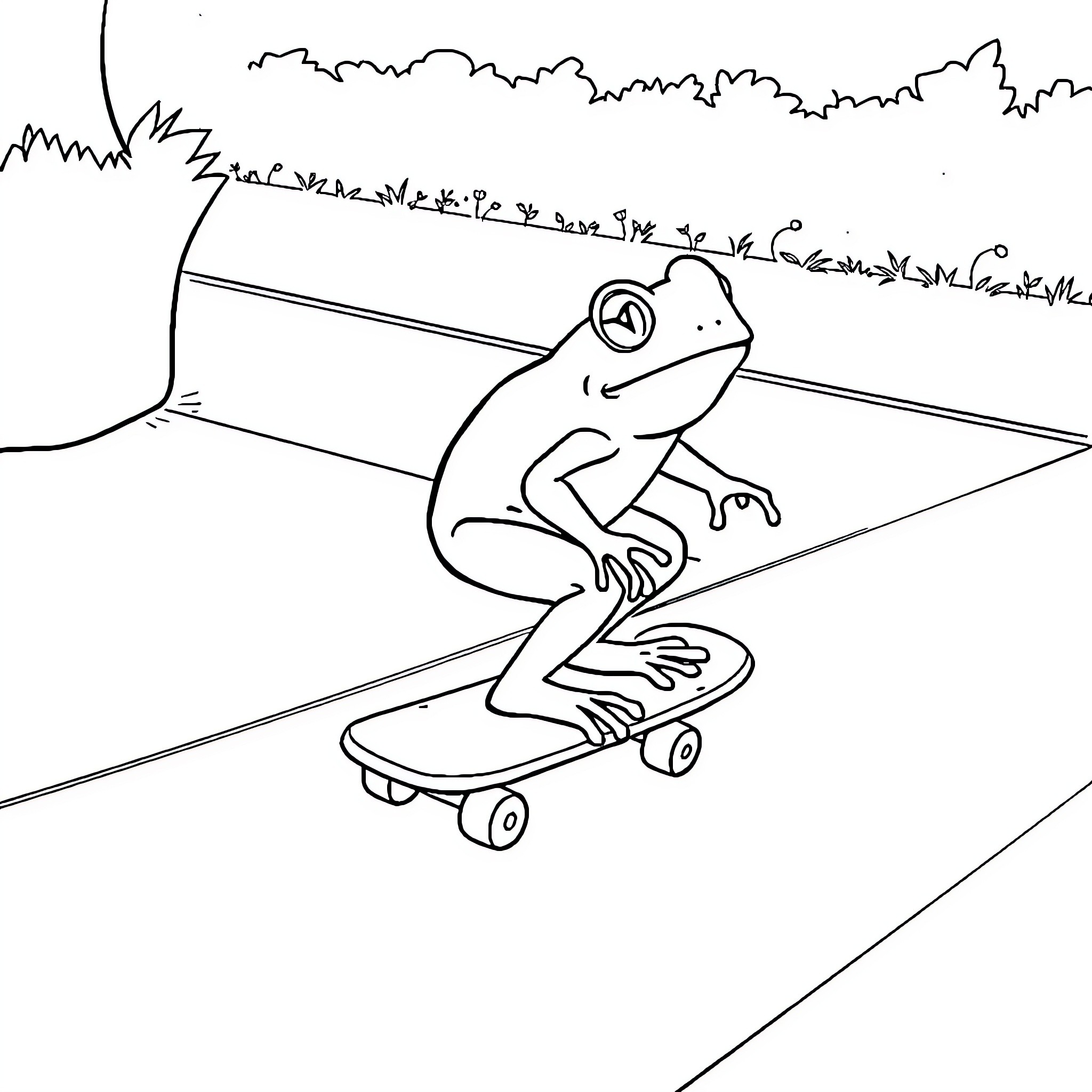 Frog riding a skateboard through the park Coloring Page (free black-and-white line drawing printable PDF for all, from beginners to advanced learners, including children, teens, adults, and seniors)
