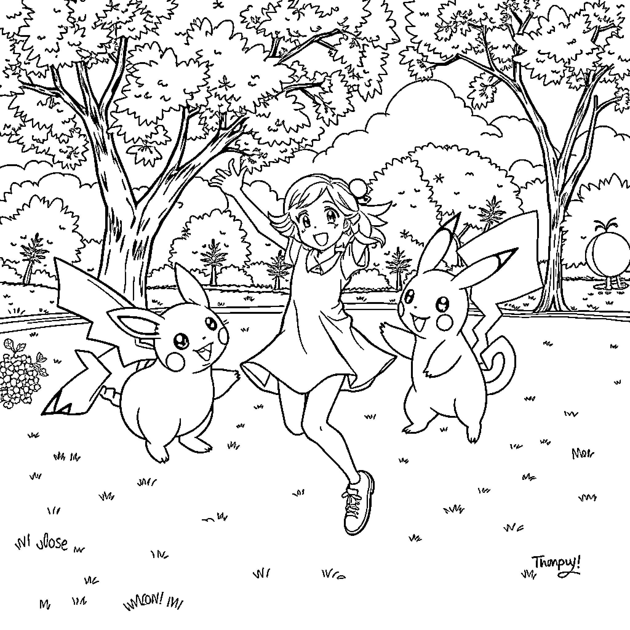 Pokémon Characters Exploring a Magical Forest Scene Coloring Page (free black-and-white line drawing printable PDF for all, from beginners to advanced learners, including children, teens, adults, and seniors)