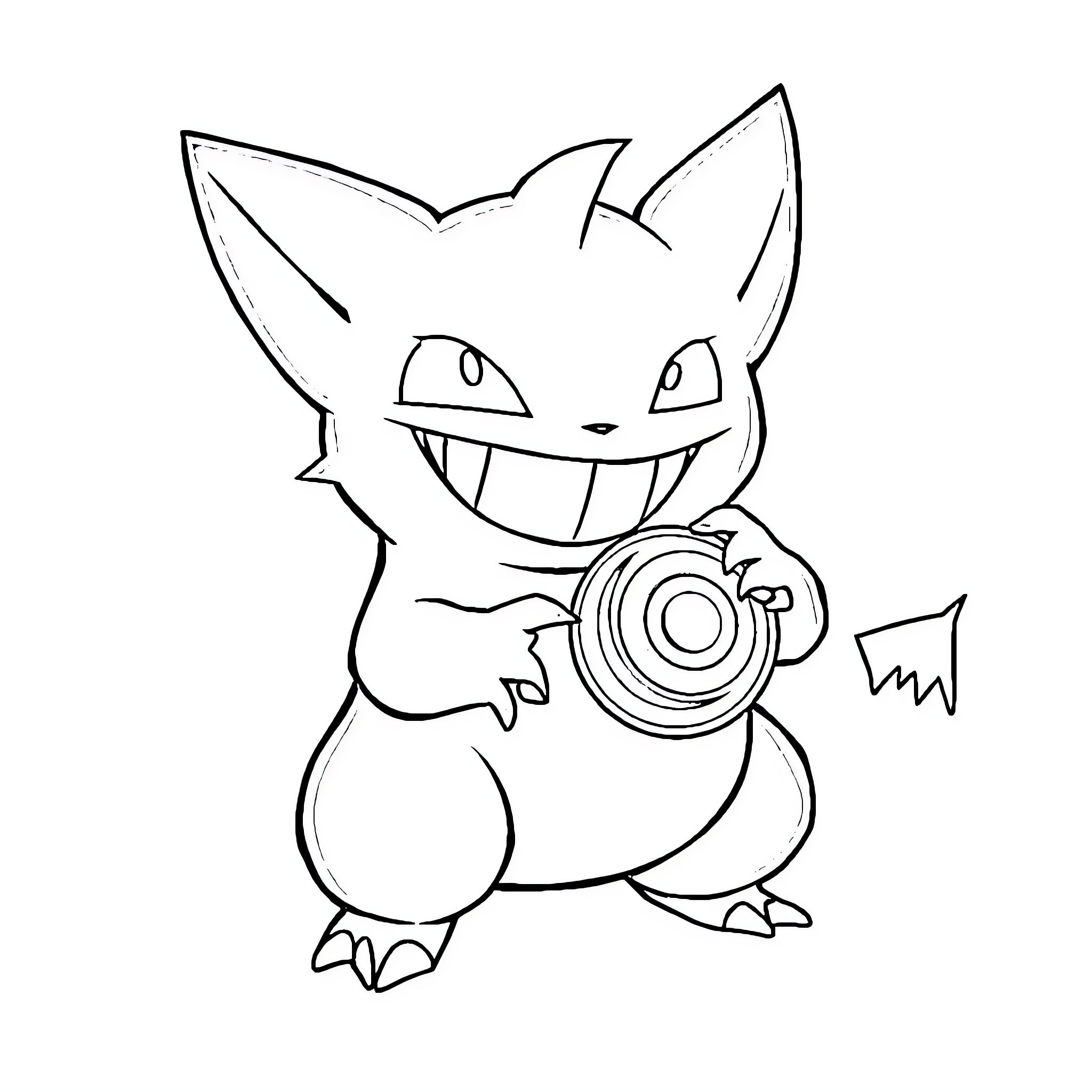 Gengar wielding a Pokeball menacingly Coloring Page (free black-and-white line drawing printable PDF for all, from beginners to advanced learners, including children, teens, adults, and seniors)