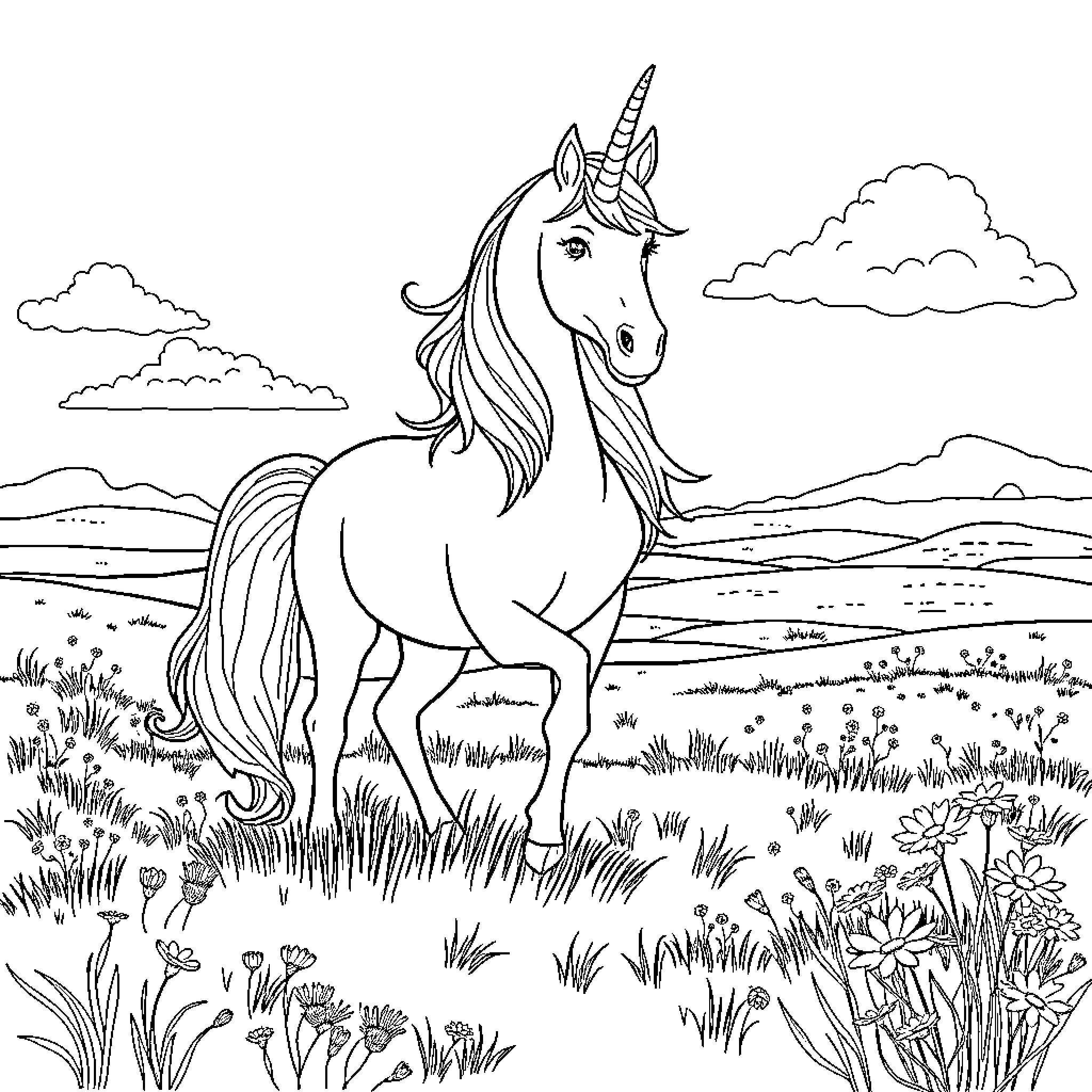 Unicorn standing majestically in a field of flowers Coloring Page (free black-and-white line drawing printable PDF for all, from beginners to advanced learners, including children, teens, adults, and seniors)