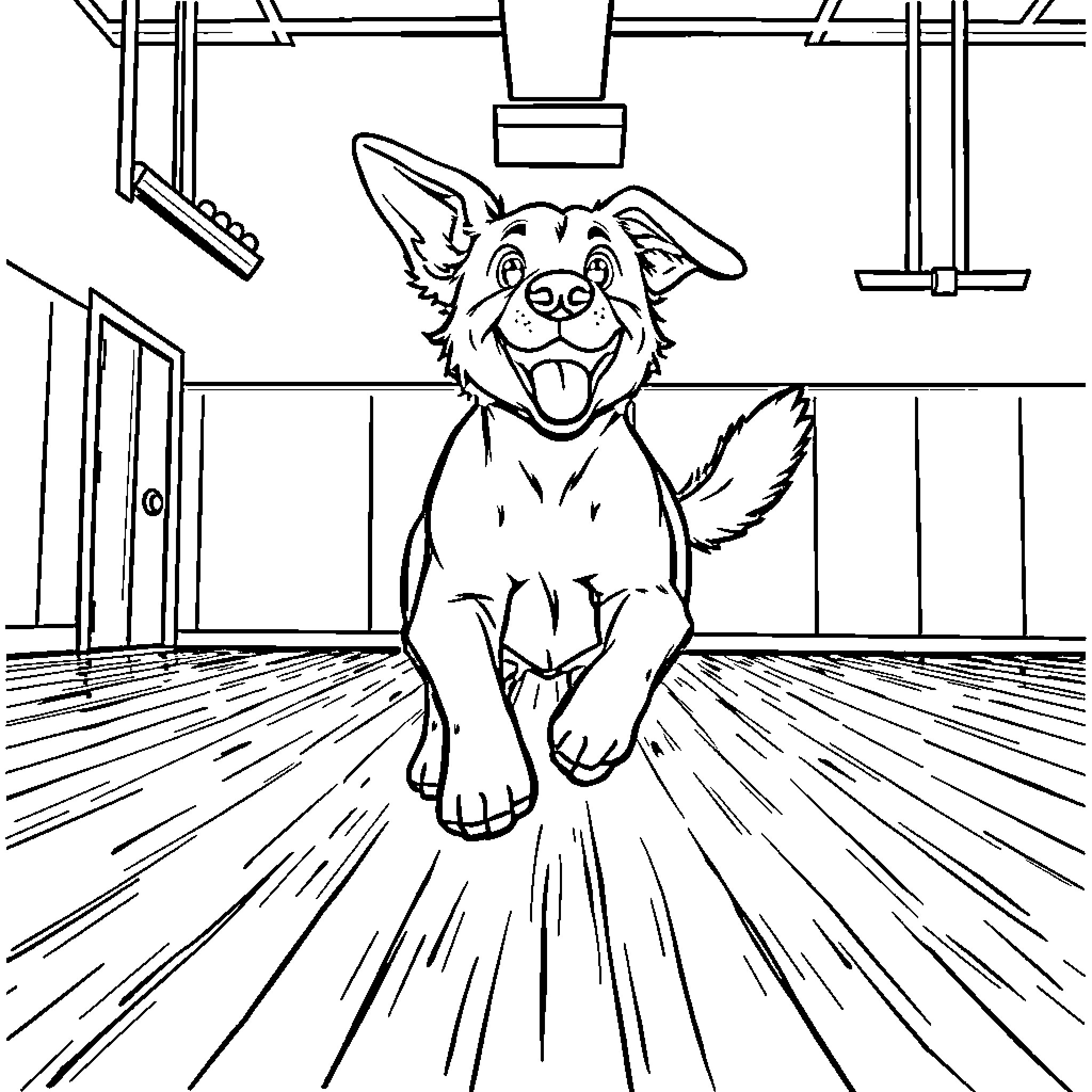 Dog happily running in the indoor gym Coloring Page (free black-and-white line drawing printable PDF for all, from beginners to advanced learners, including children, teens, adults, and seniors)
