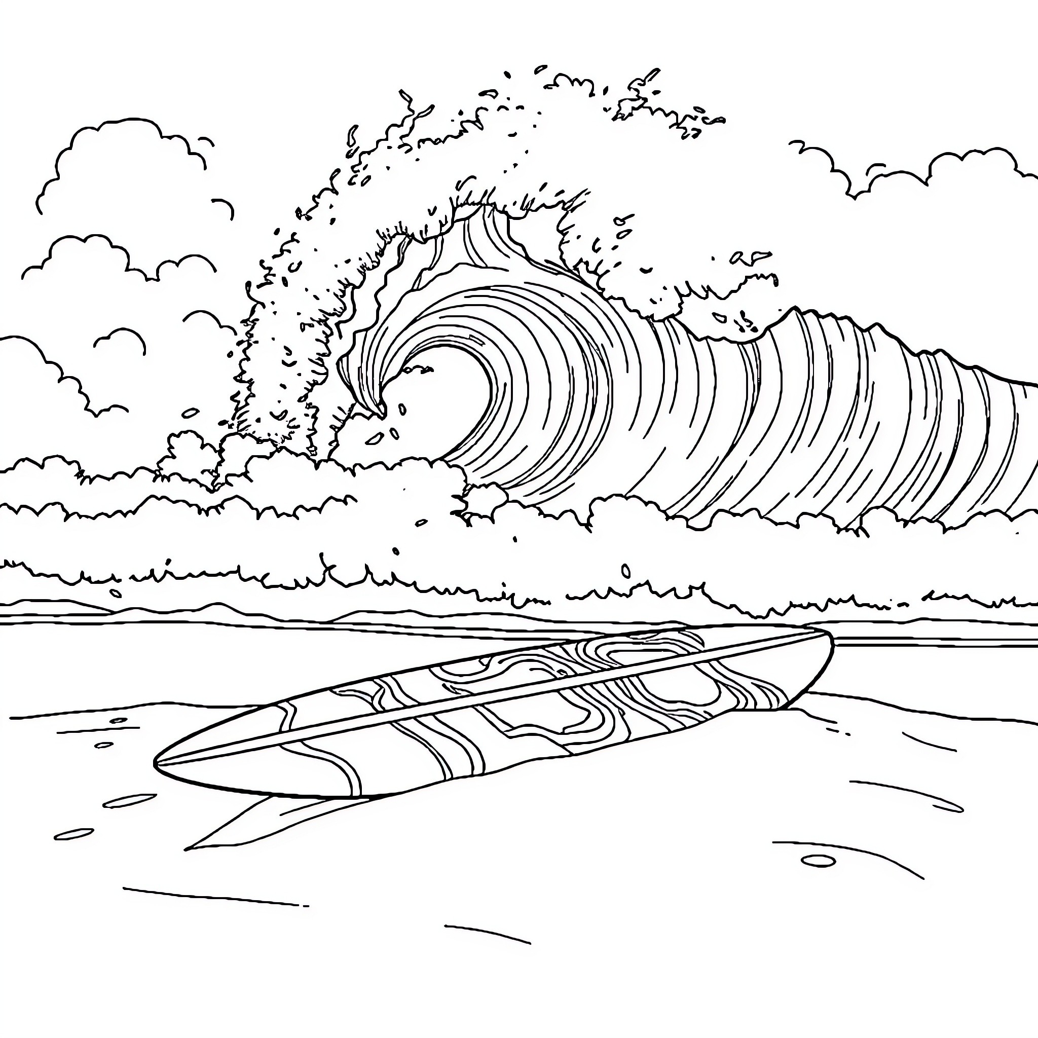 Surfboard riding giant wave in the ocean Coloring Page (free black-and-white line drawing printable PDF for all, from beginners to advanced learners, including children, teens, adults, and seniors)