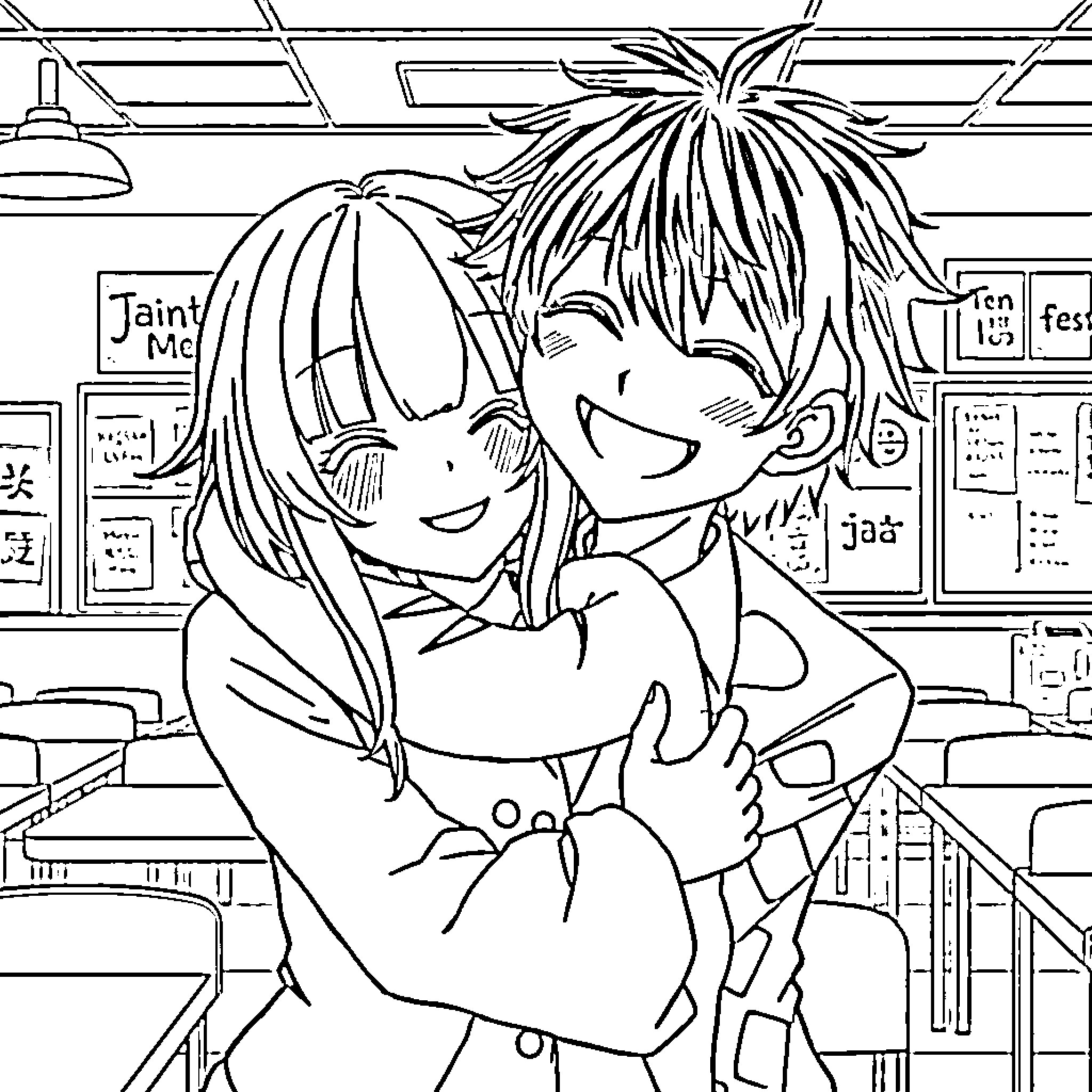 Nagito Komaeda's Classroom Embrace Coloring Page (free black-and-white line drawing printable PDF for all, from beginners to advanced learners, including children, teens, adults, and seniors)