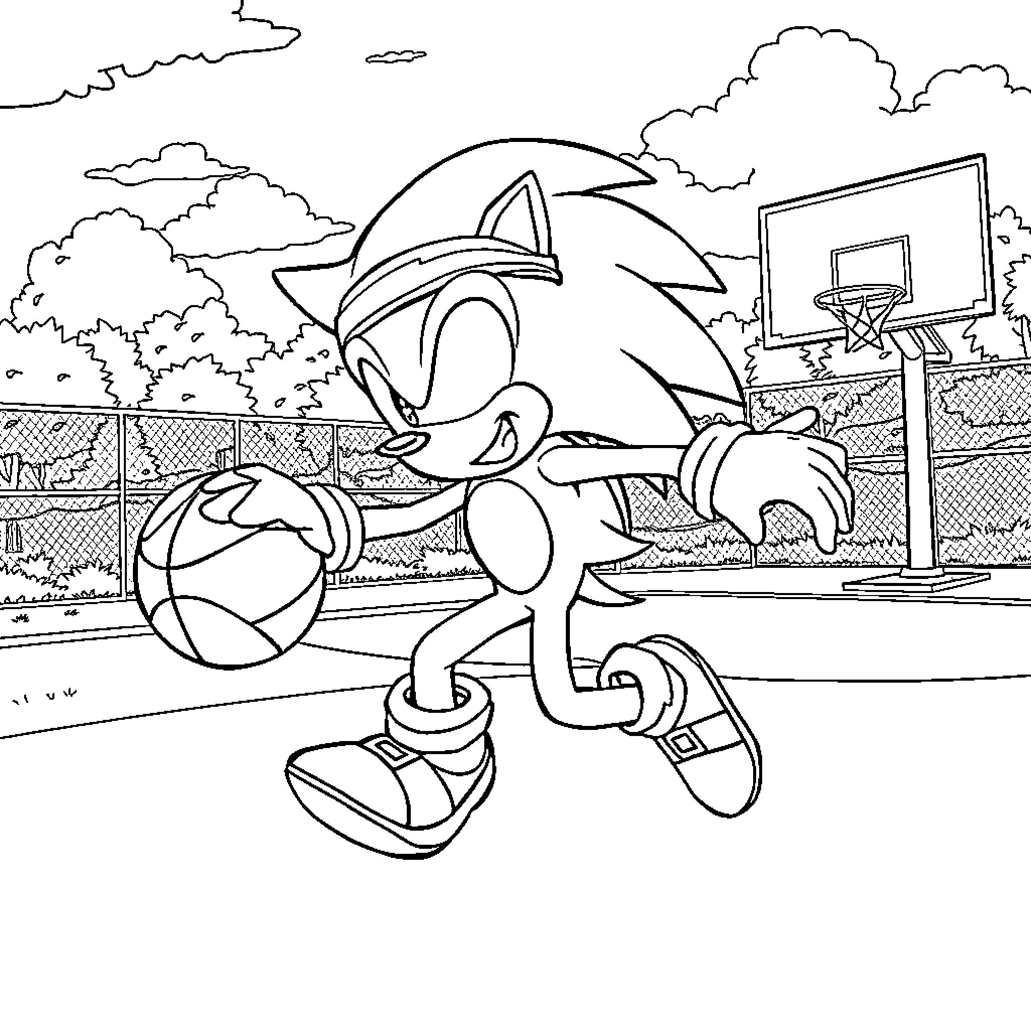 Sonic playing basketball outdoors on a court Coloring Page (free black-and-white line drawing printable PDF for all, from beginners to advanced learners, including children, teens, adults, and seniors)