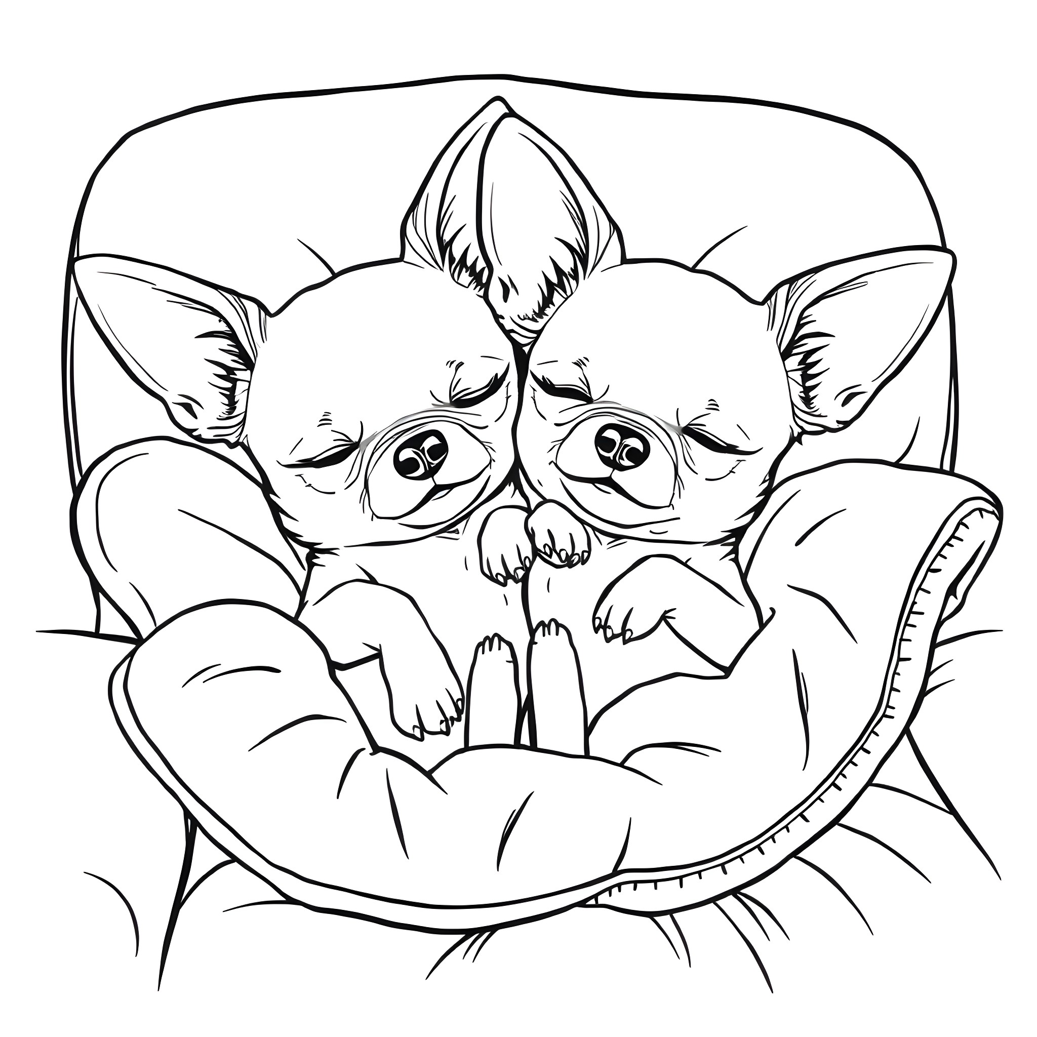 Chihuahua siblings cuddling in a cozy bed Coloring Page (free black-and-white line drawing printable PDF for all, from beginners to advanced learners, including children, teens, adults, and seniors)